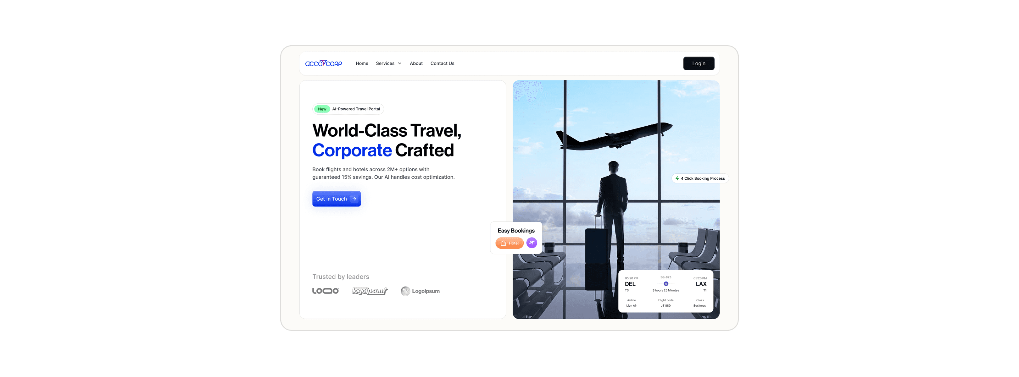 A business traveler with a suitcase gazes out a large airport window as a plane takes off, symbolizing seamless corporate travel and easy bookings, with an adjacent web interface highlighting travel services and contact options.