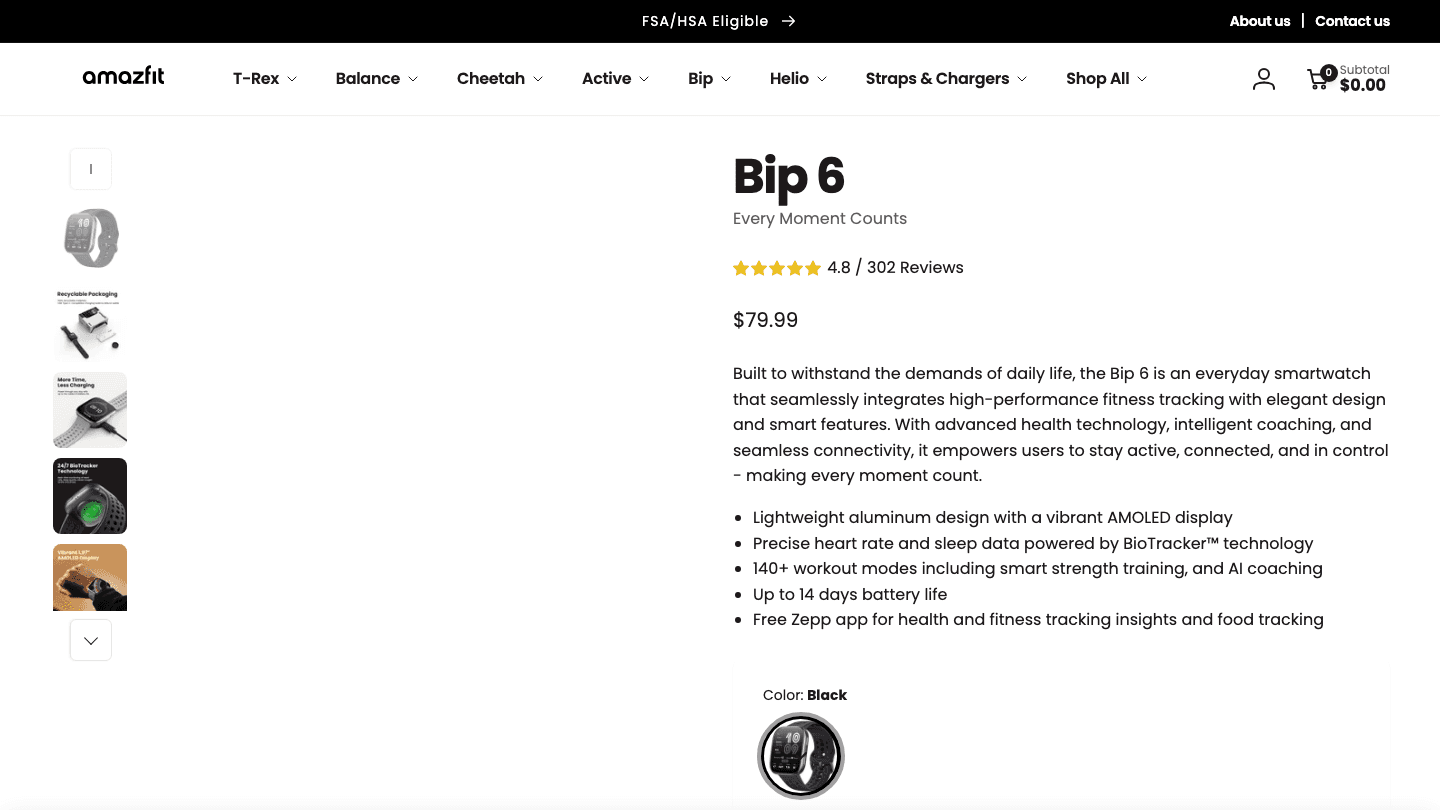 Amazfit Bip 6 product page showing $79.99 price and 4.8-star rating