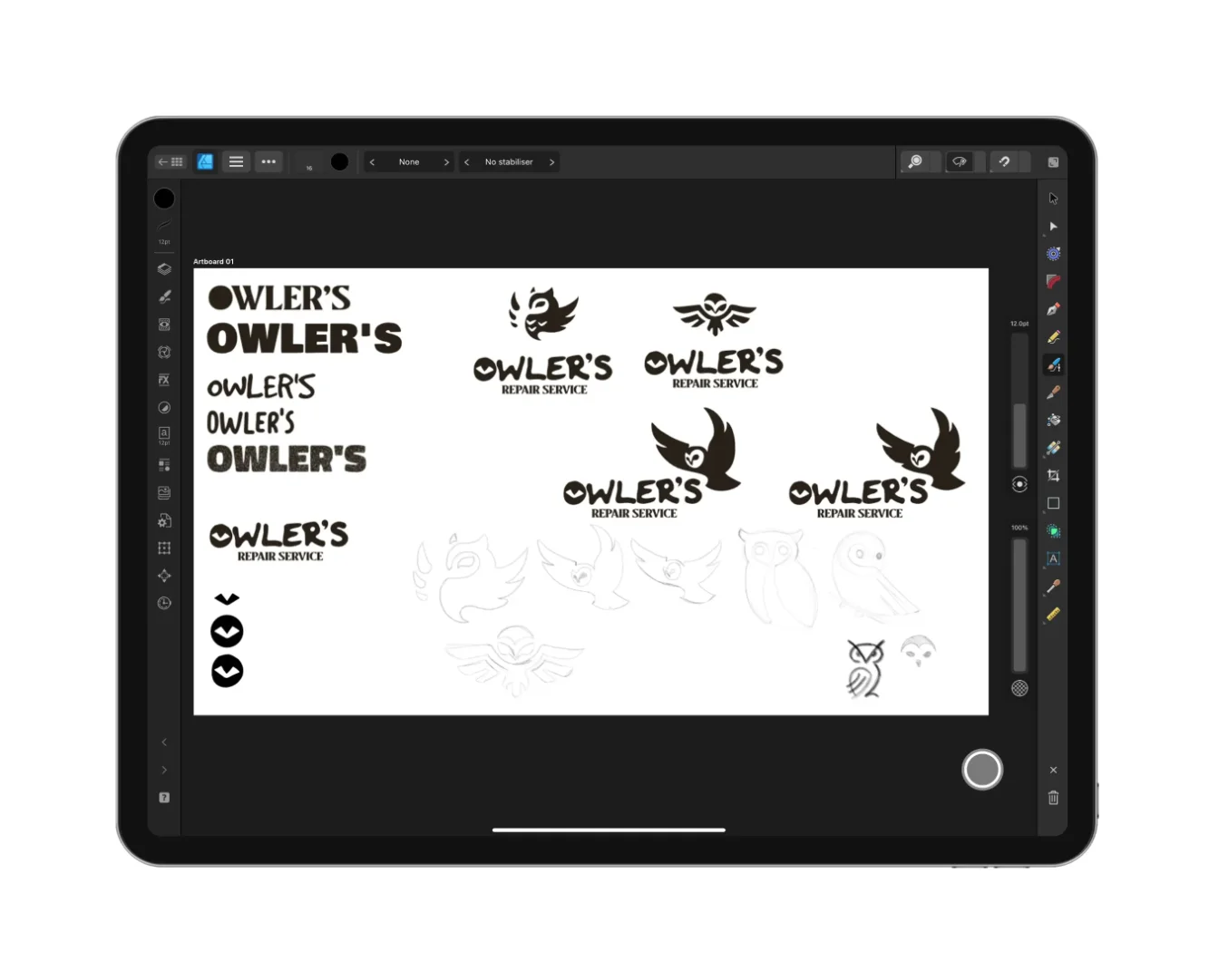 An iPad Pro displaying a black screen with several white logo concepts for Owler's Repair Service. The designs feature different owl icons in flight and various bold, rounded font choices.