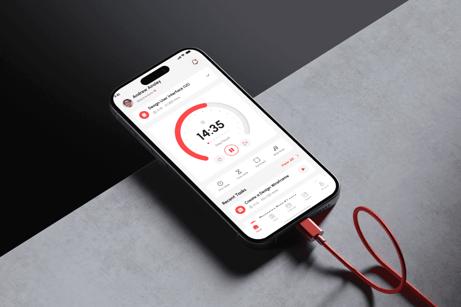 A 3D smartphone mockup displaying a productivity app or Pomodoro timer UI design with a red charging cable attached.