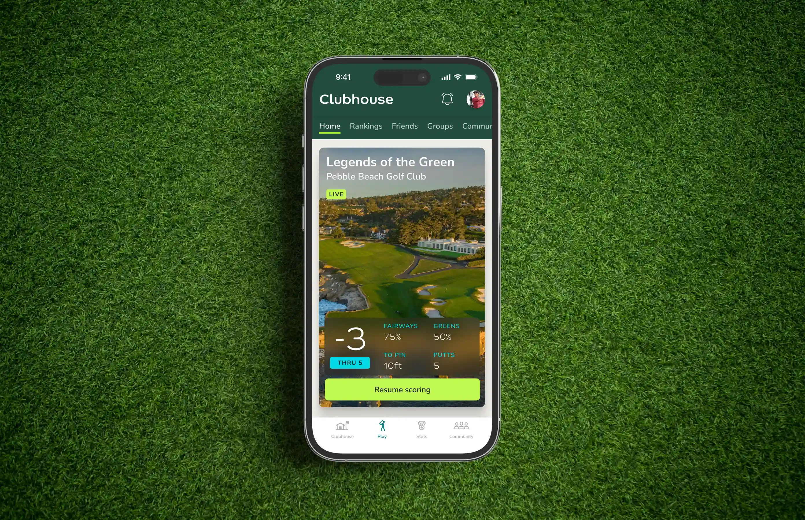 Smartphone displaying a golf app on grass, featuring Pebble Beach scores.