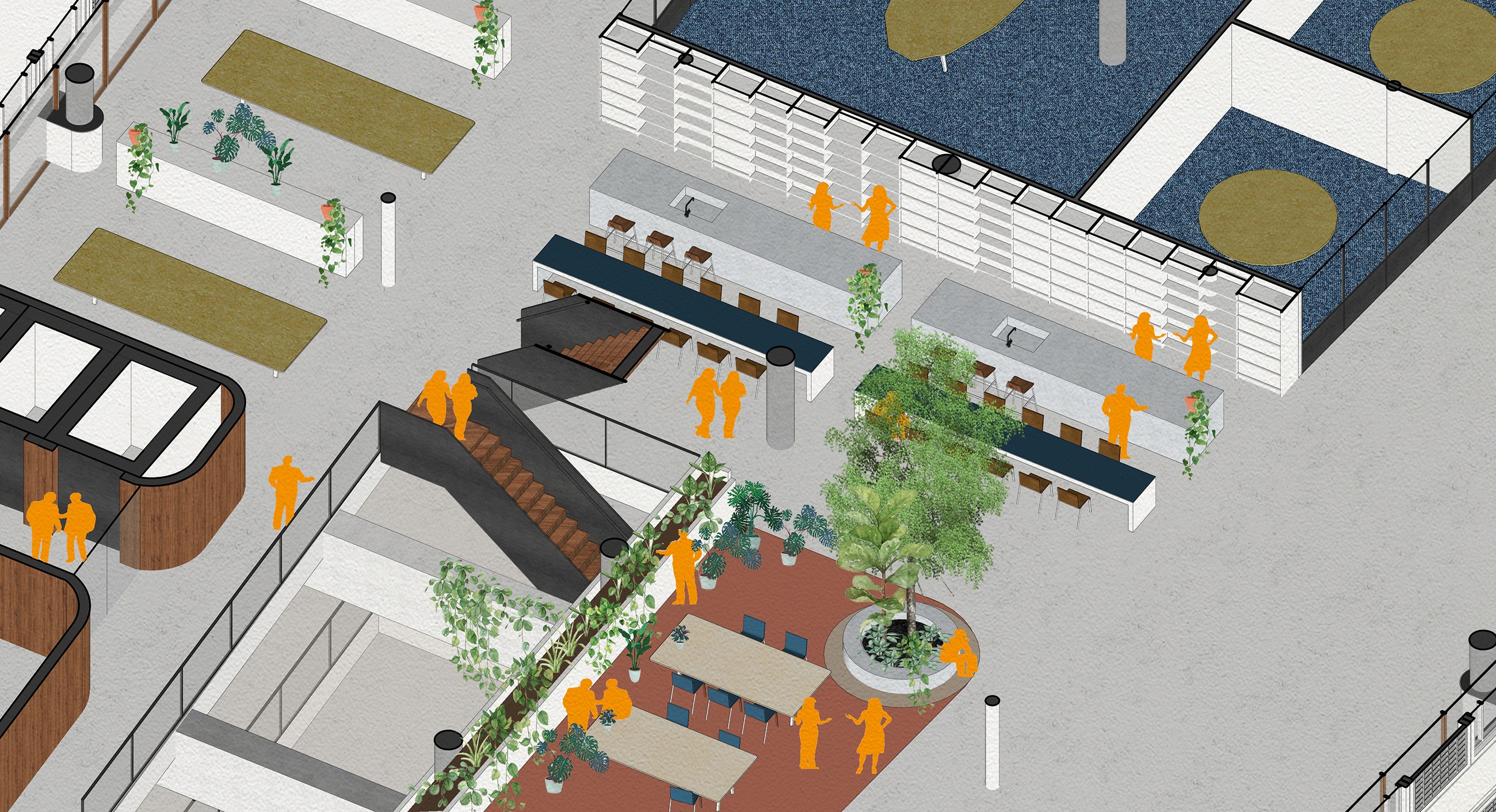 Axo drawing of the interior design on one of the floors inside the renovated Stationspostgebouw