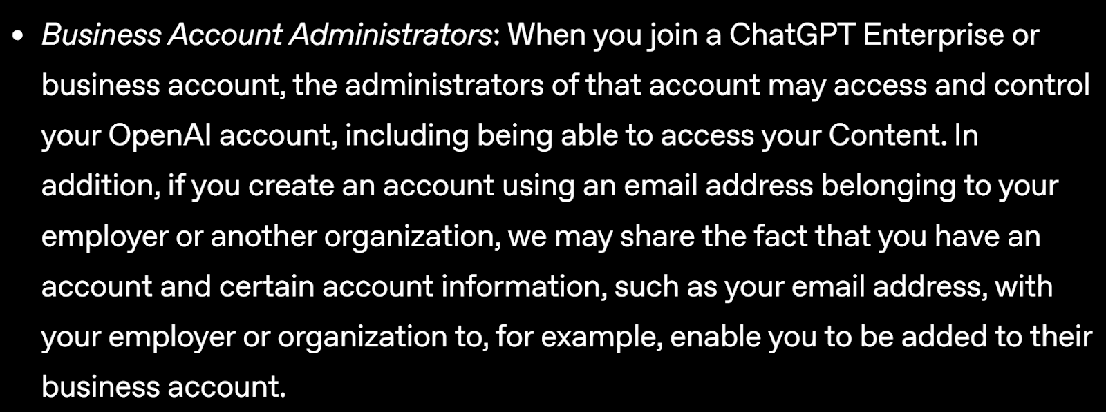 ChatGPT Business Account Administrators Disclaimer