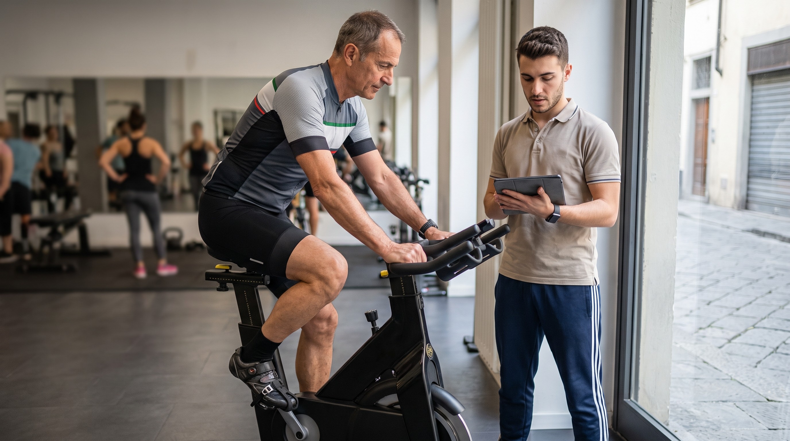 Persona adulta su bike da Indoor Cycling con istruttore AIF che monitora i parametri cardiaci