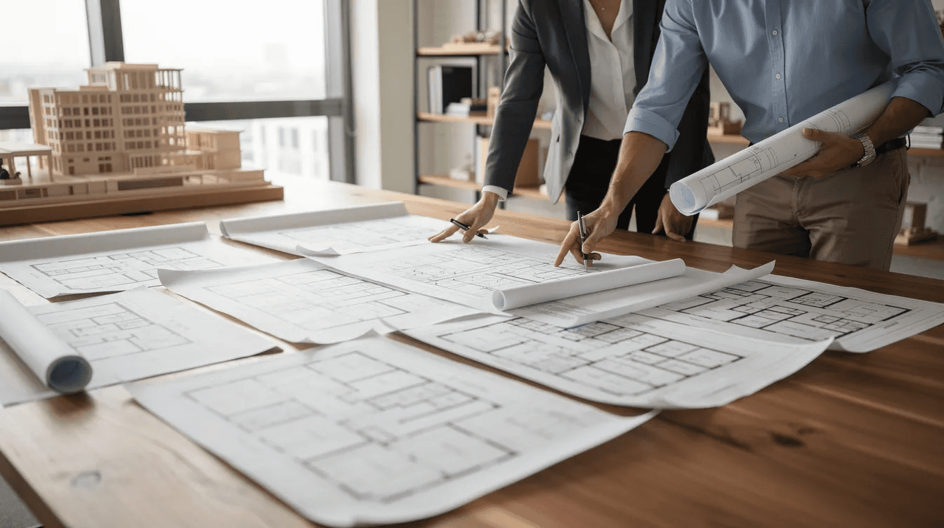 The image shows architectural blueprints laid out on a table, with two professionals from a general contracting company collaboratively reviewing the plans for a building project. Their focused discussion highlights the importance of construction management and teamwork in the construction industry.