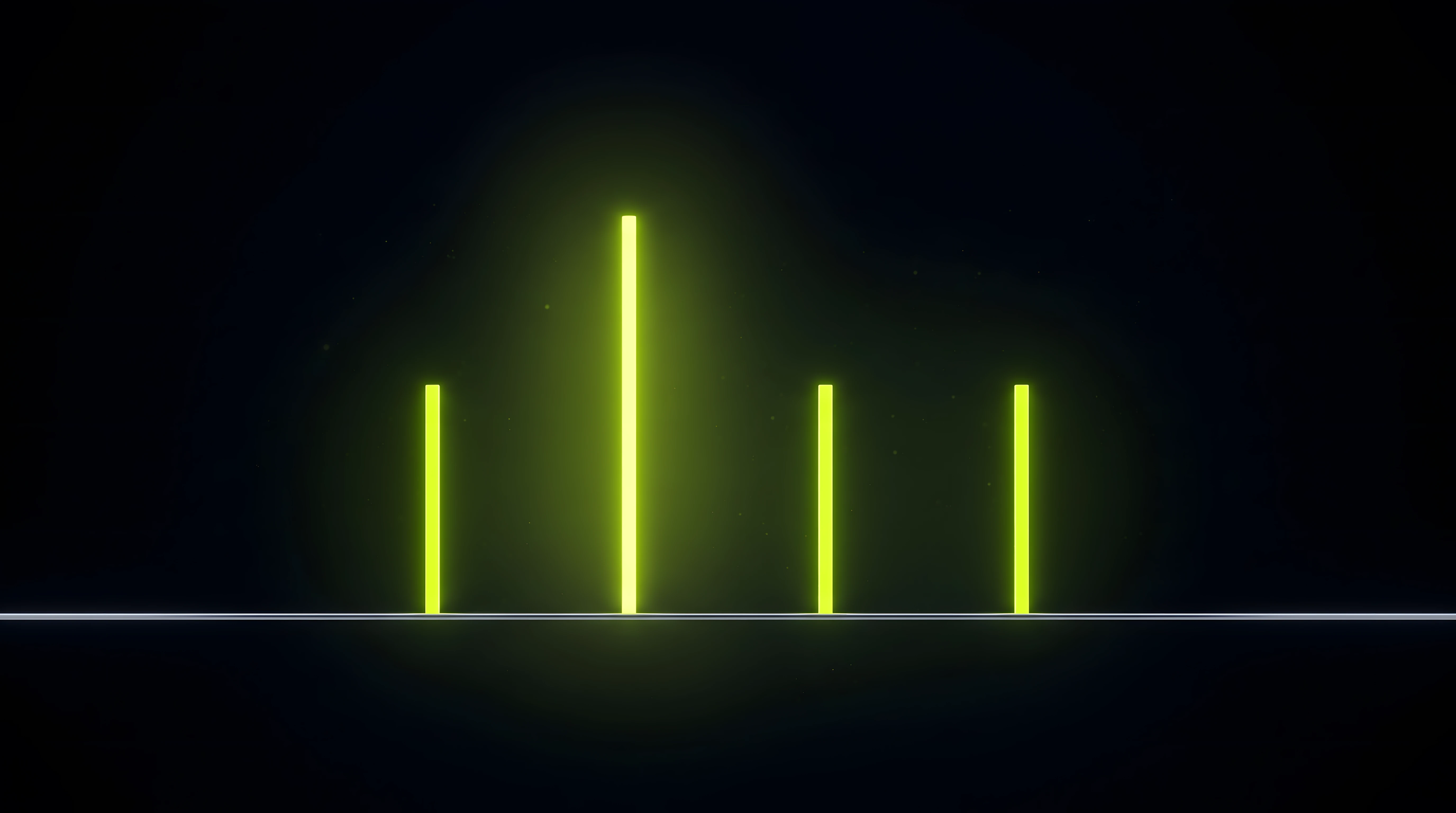 Four vertical toxic lime sliders on deep void black with only one raised, thin chrome baseline beneath them, representing a single sound parameter changed in isolation.