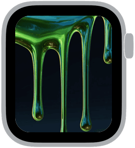Animated Apple Watch face with glossy green and teal liquid drips on a black background