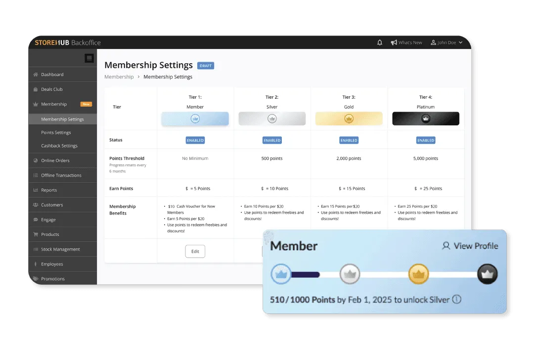 StoreHub BackOffice membership settings showing tiered programs with points thresholds and customer reward progression.