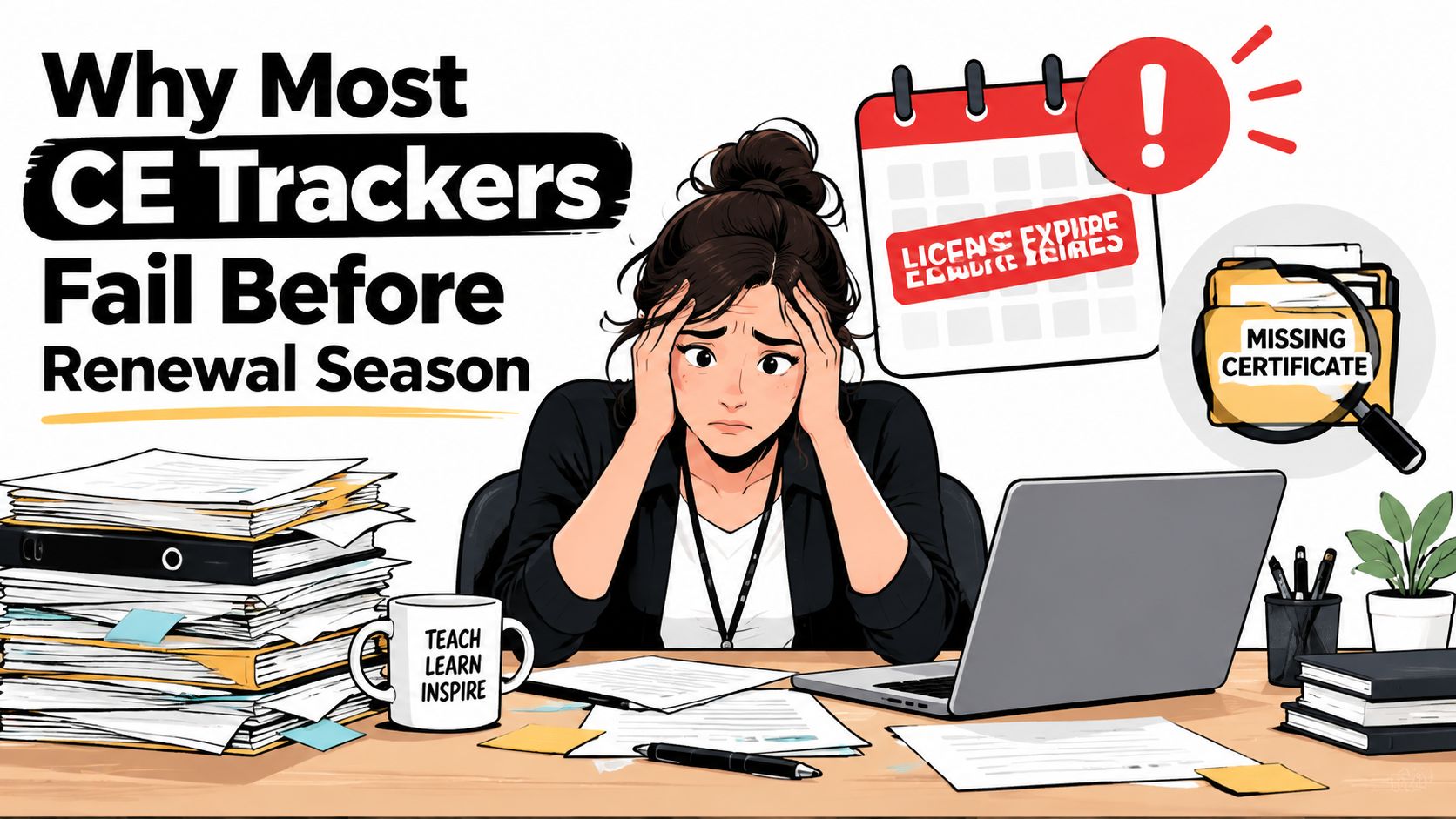 A stressed professional woman surrounded by paperwork and laptop, struggling with continuing education license renewal and missing documents.