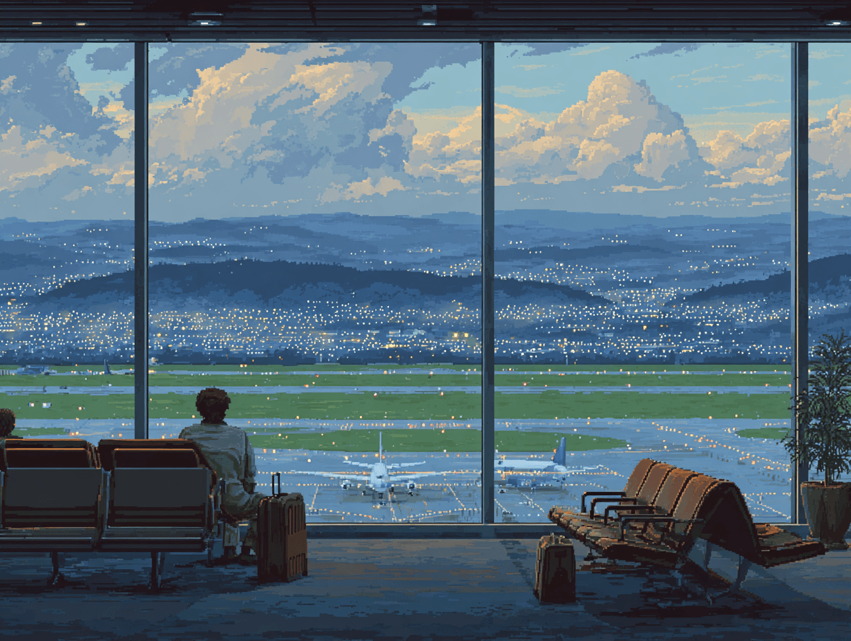 Pixel art of man sitting in airport.