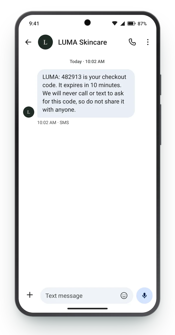 Checkout verification code transactional SMS on an Android phone