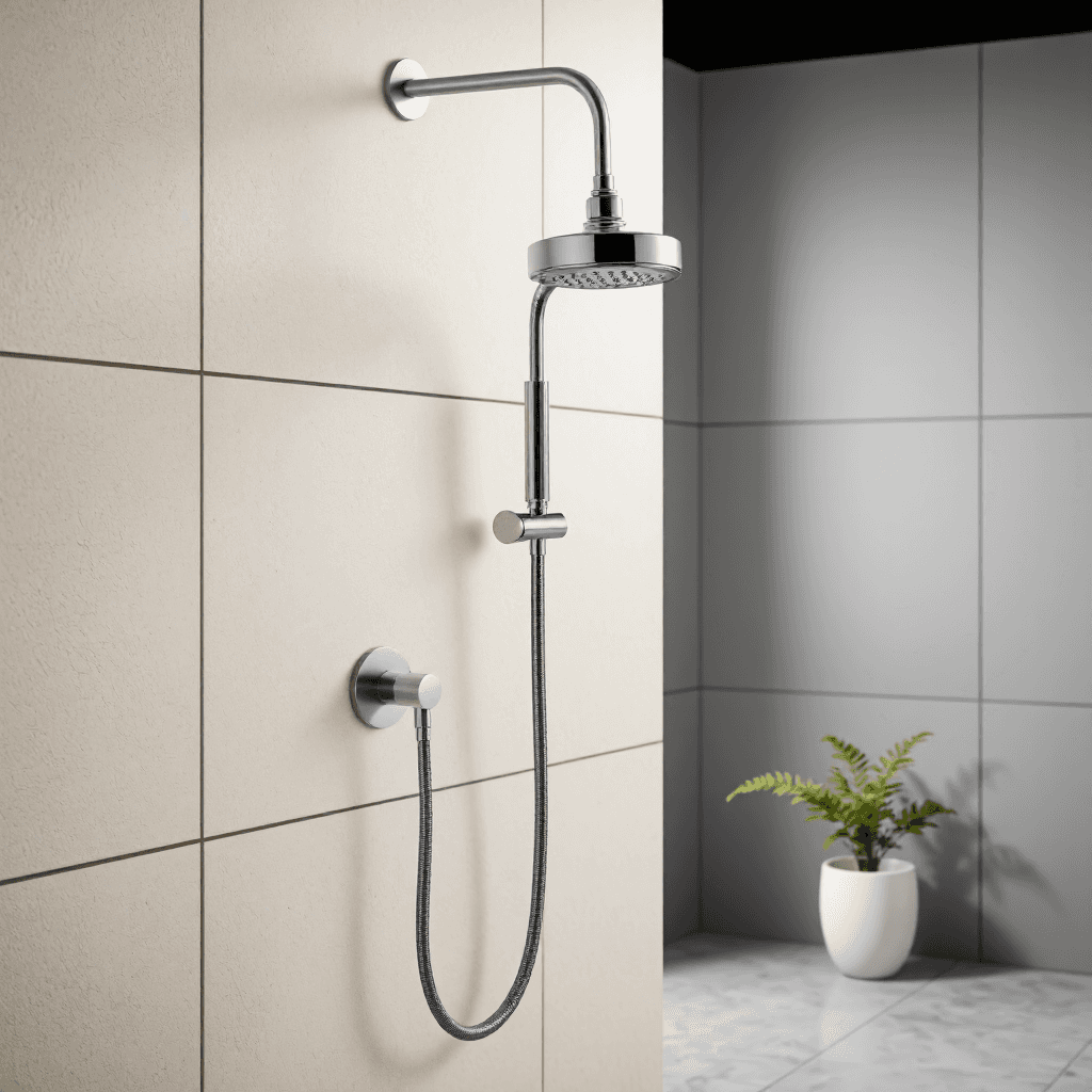 product photography of a showerhead with a flexible hose