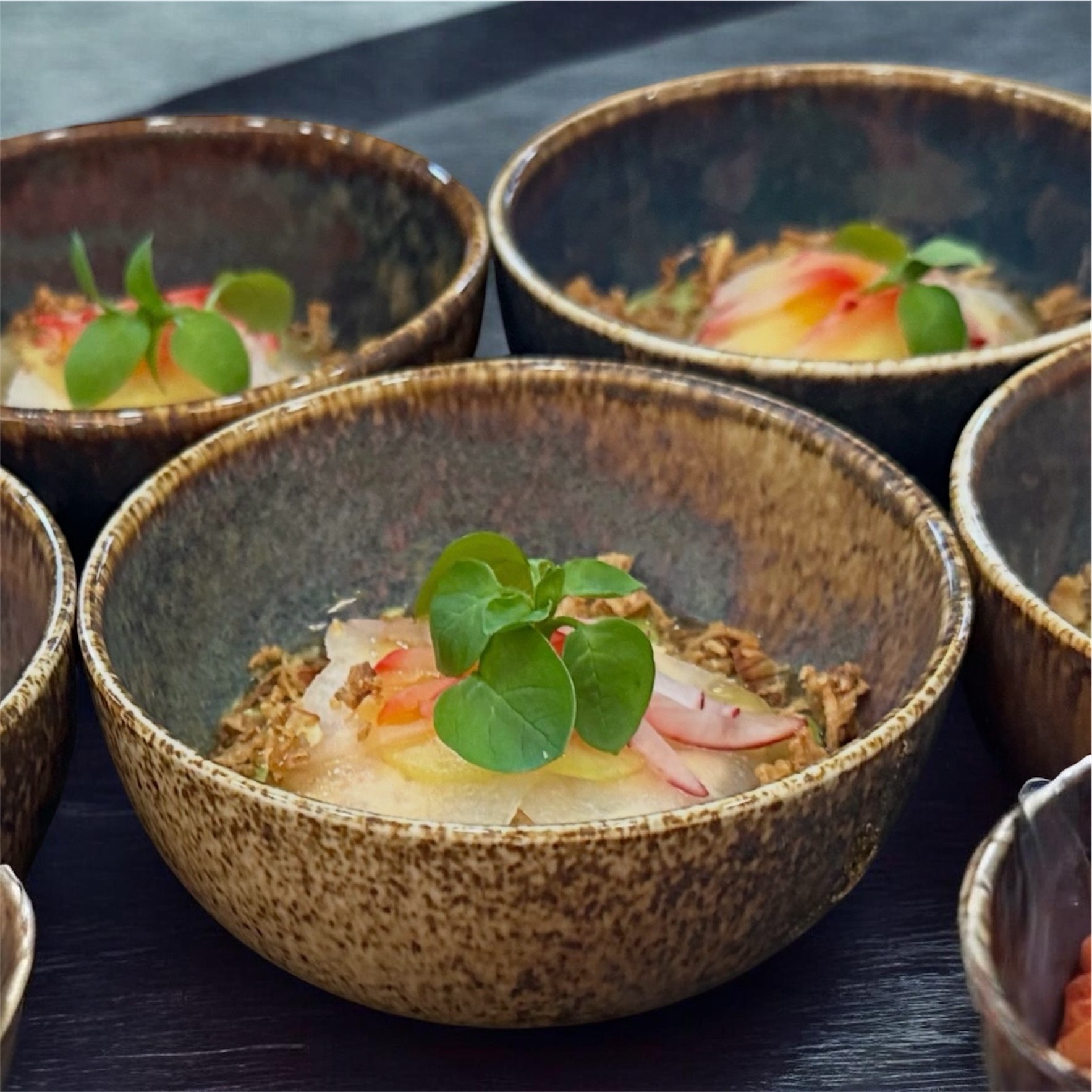 Série de petits bols en grès moucheté brun-beige garnis d'amuse-bouches gastronomiques avec radis et pousses de cresson, sur plateau noir