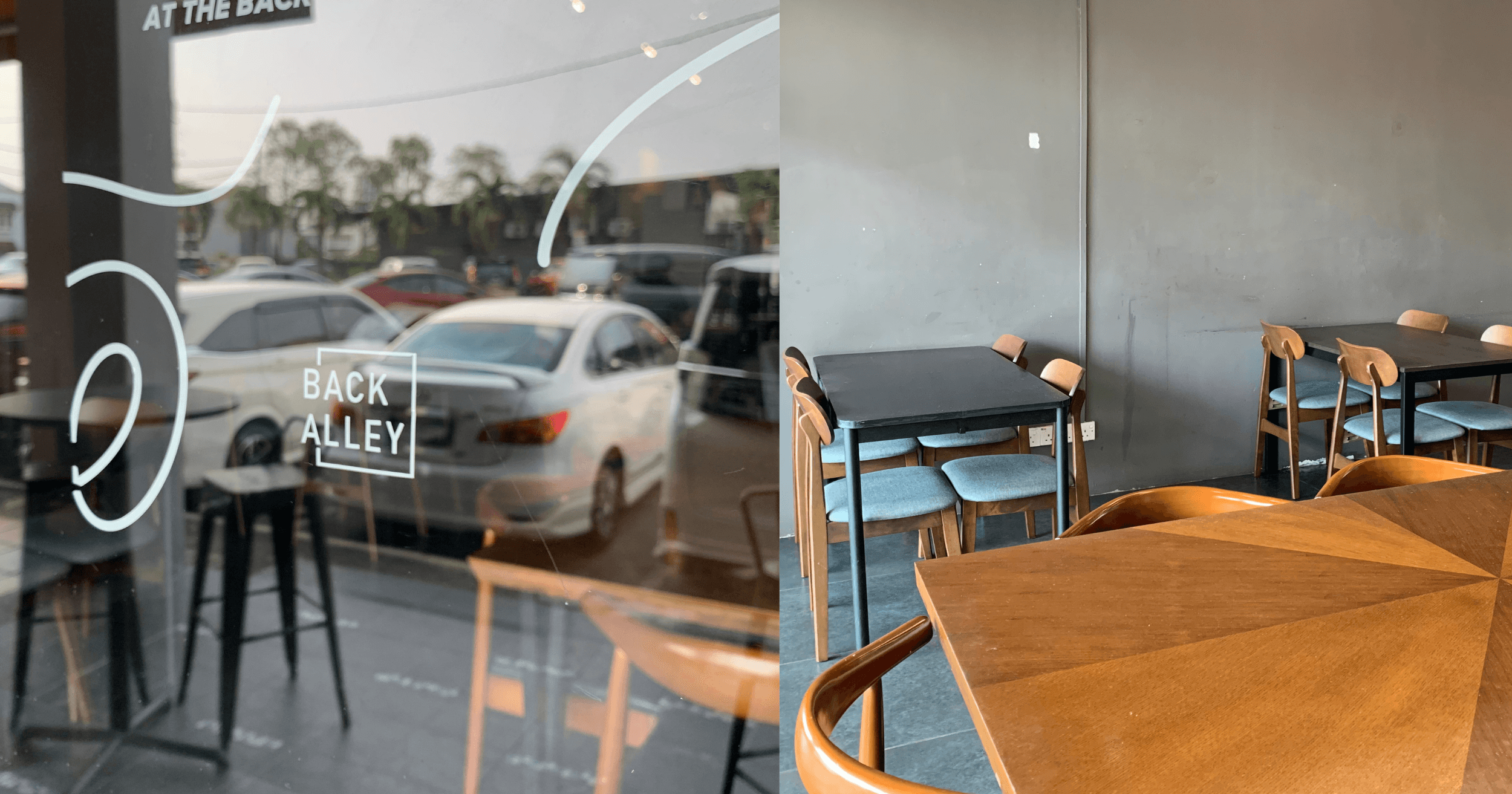 Left to right: Back Alley Pasta Bar logo outside the restaurant | Empty tables before Back Alley Pasta Bar opens