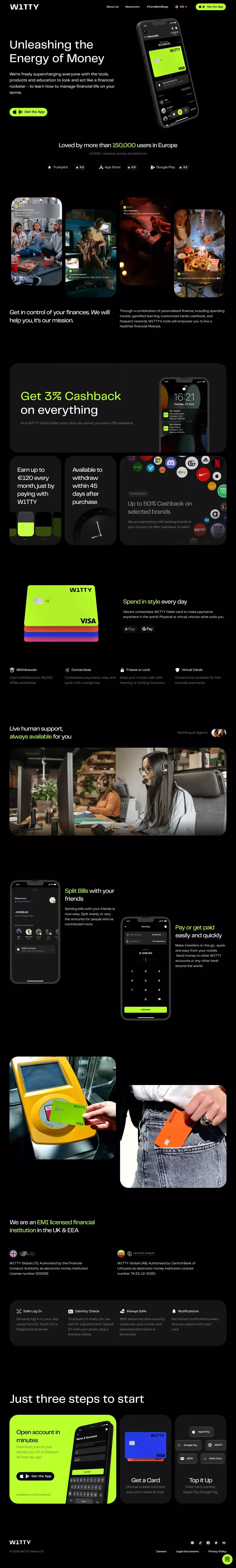 W1TTY landing page screenshot showcasing Tech and Finance design