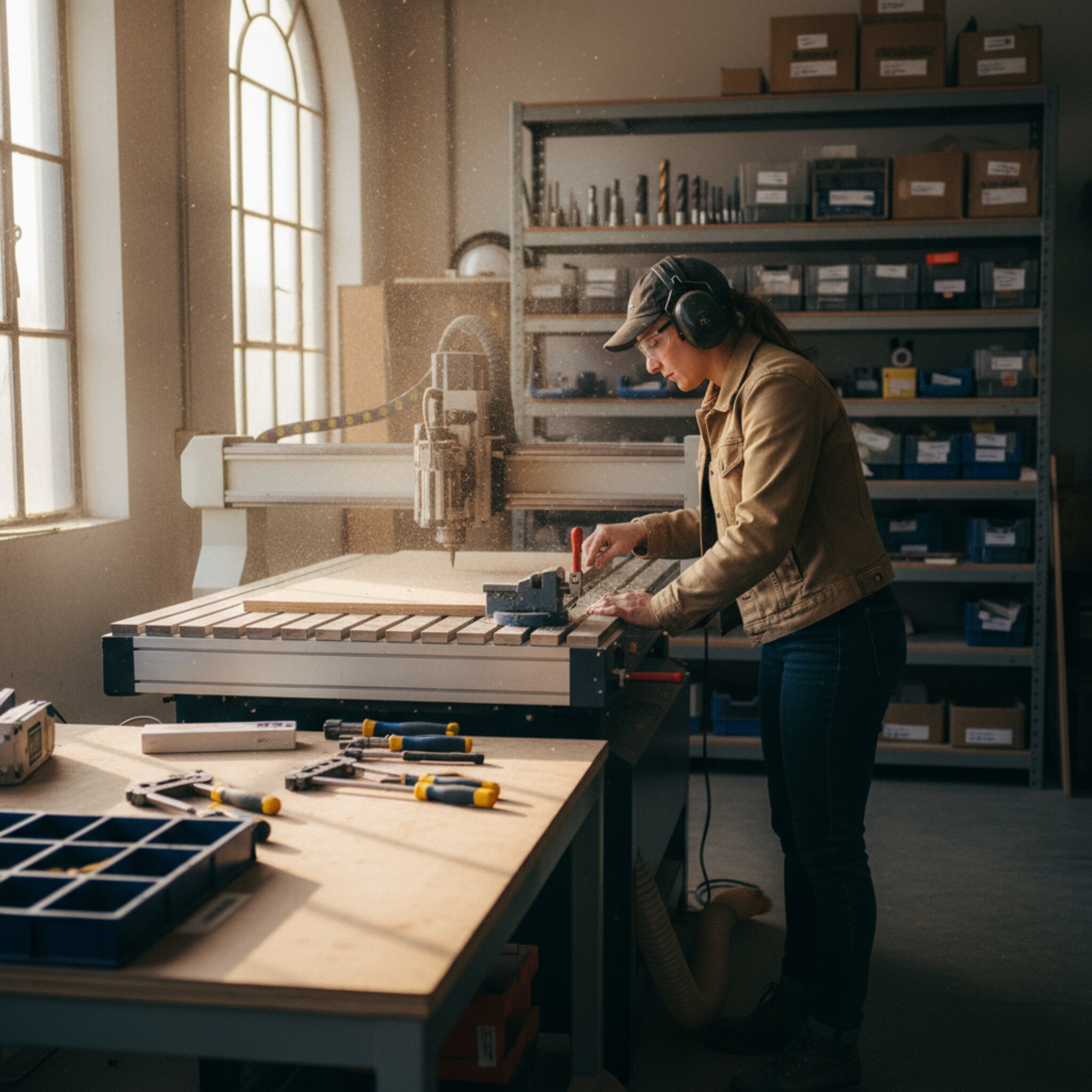 Feine Holzspäne wirbeln neben einer CNC-Fräse auf, während eine Makerin mit Gehörschutz den Spannhebel festzieht. Warmes Morgenlicht fällt durch hohe Fenster auf die Werkbank. Ein sauber sortiertes Regal mit Fräsern und Messschiebern steht im Hintergrund. Die Szene wirkt konzentriert, ruhig und präzise.