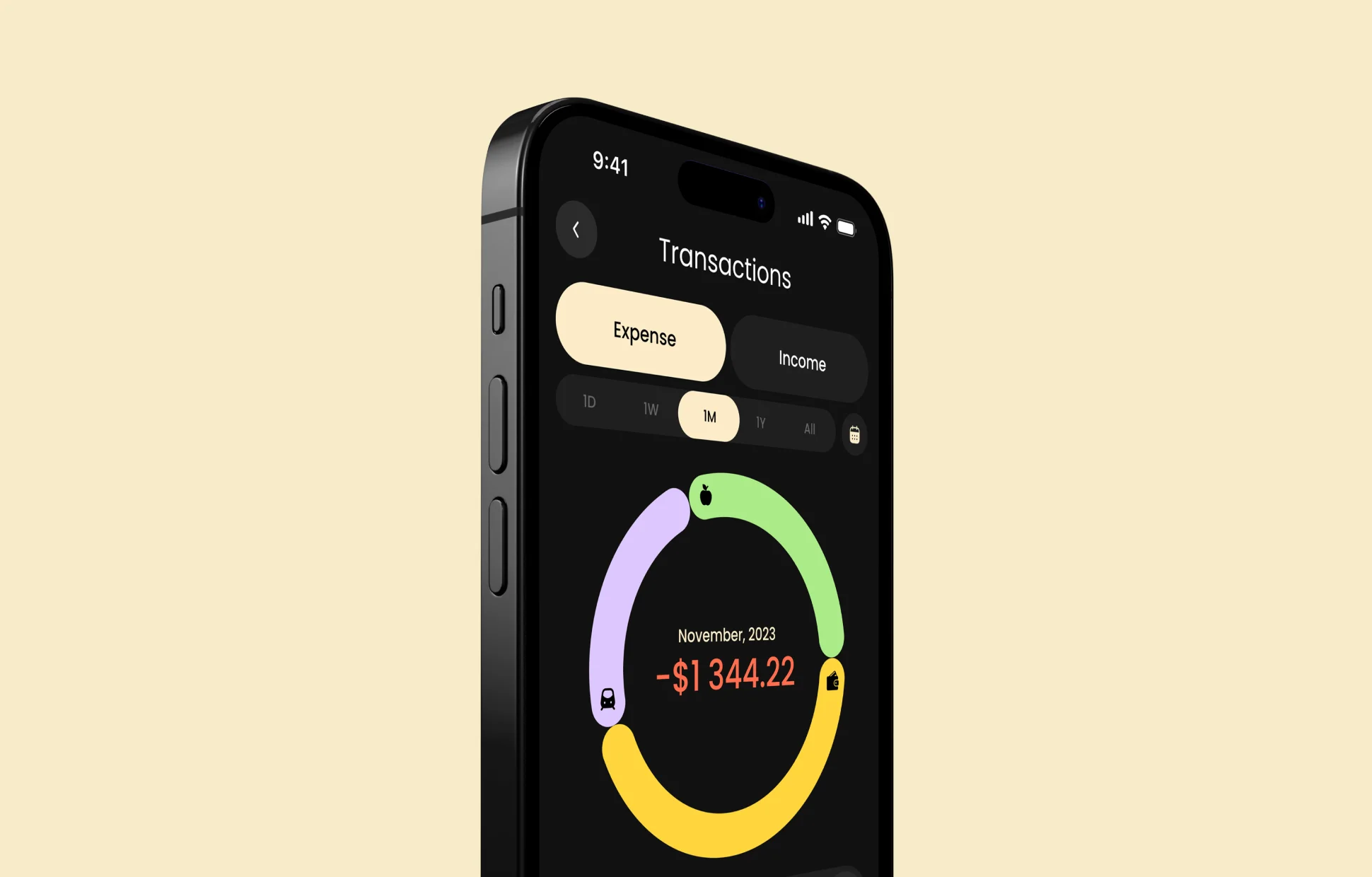 Nova app transactions screen — November 2023 expense donut chart showing -$1,344.22