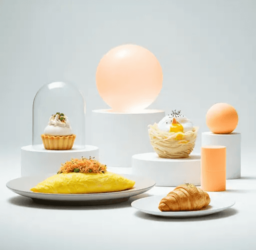 A creative display of diverse egg products, including a fluffy omelet, a poached egg in a noodle nest and a delicate tart.