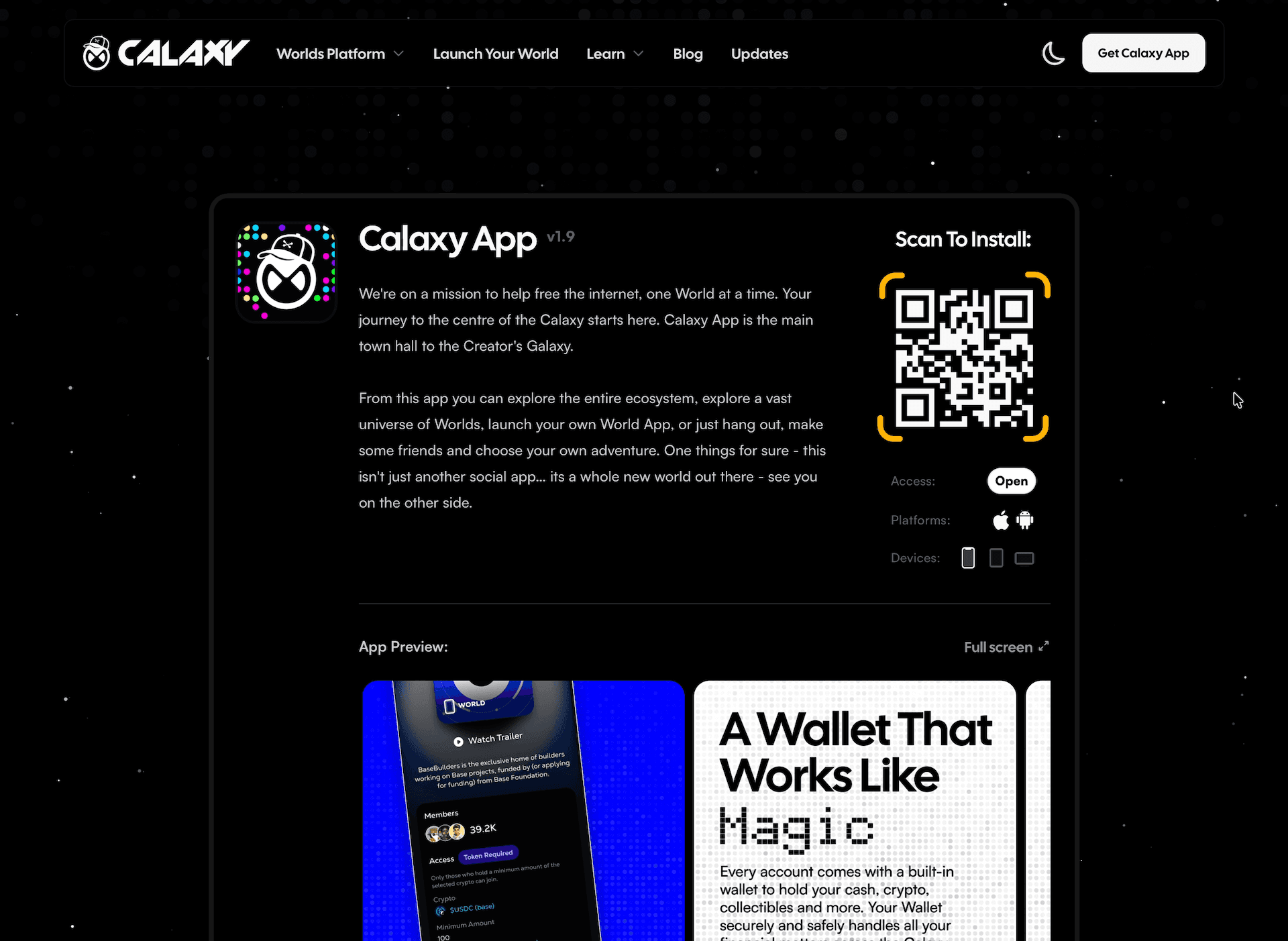 Calaxy website PWA install page - Calaxy App v1.9 with QR code scanner, iOS and Android platform support, and app preview cards showing Worlds and wallet features