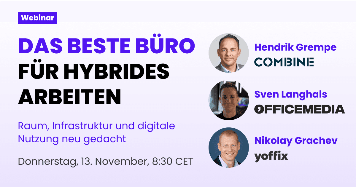 Webinar banner with photos of speakers and event details: Das beste Büro für hybrides Arbeiten. Donnerstag, 13. November, 8:30 Uhr CET