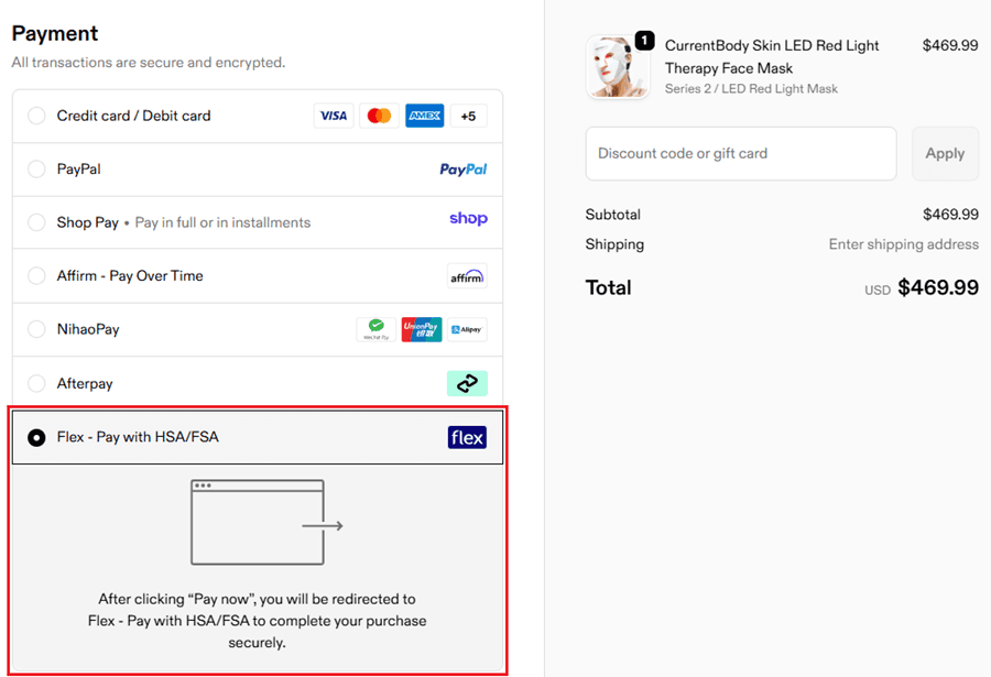 Red light therapy device with Flex checkout