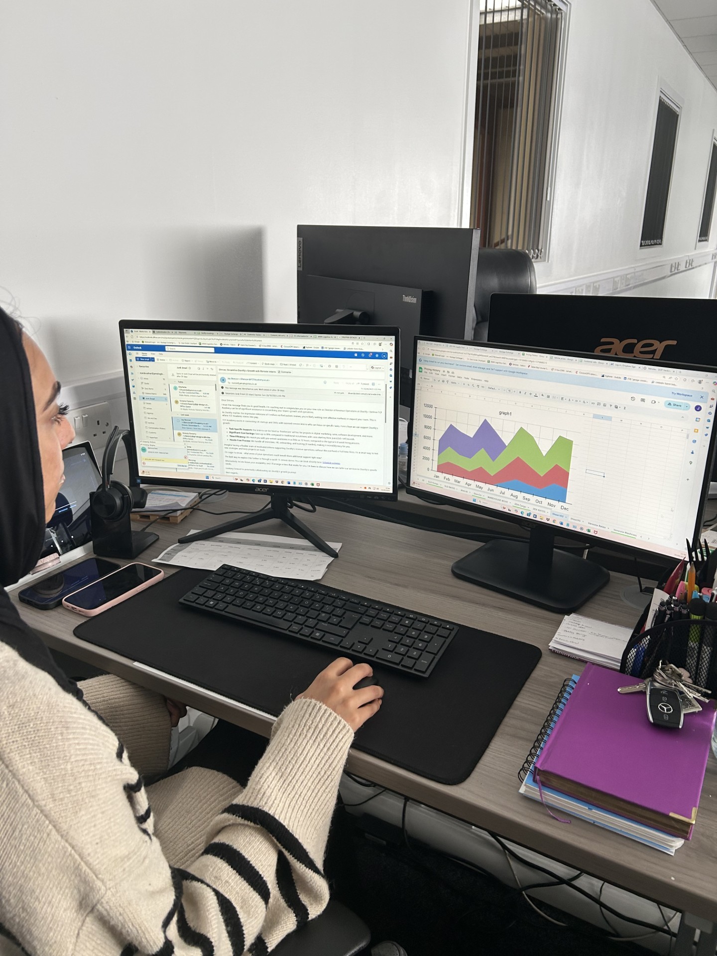 Image of an office worker looking two screens one with emails and one with a graph