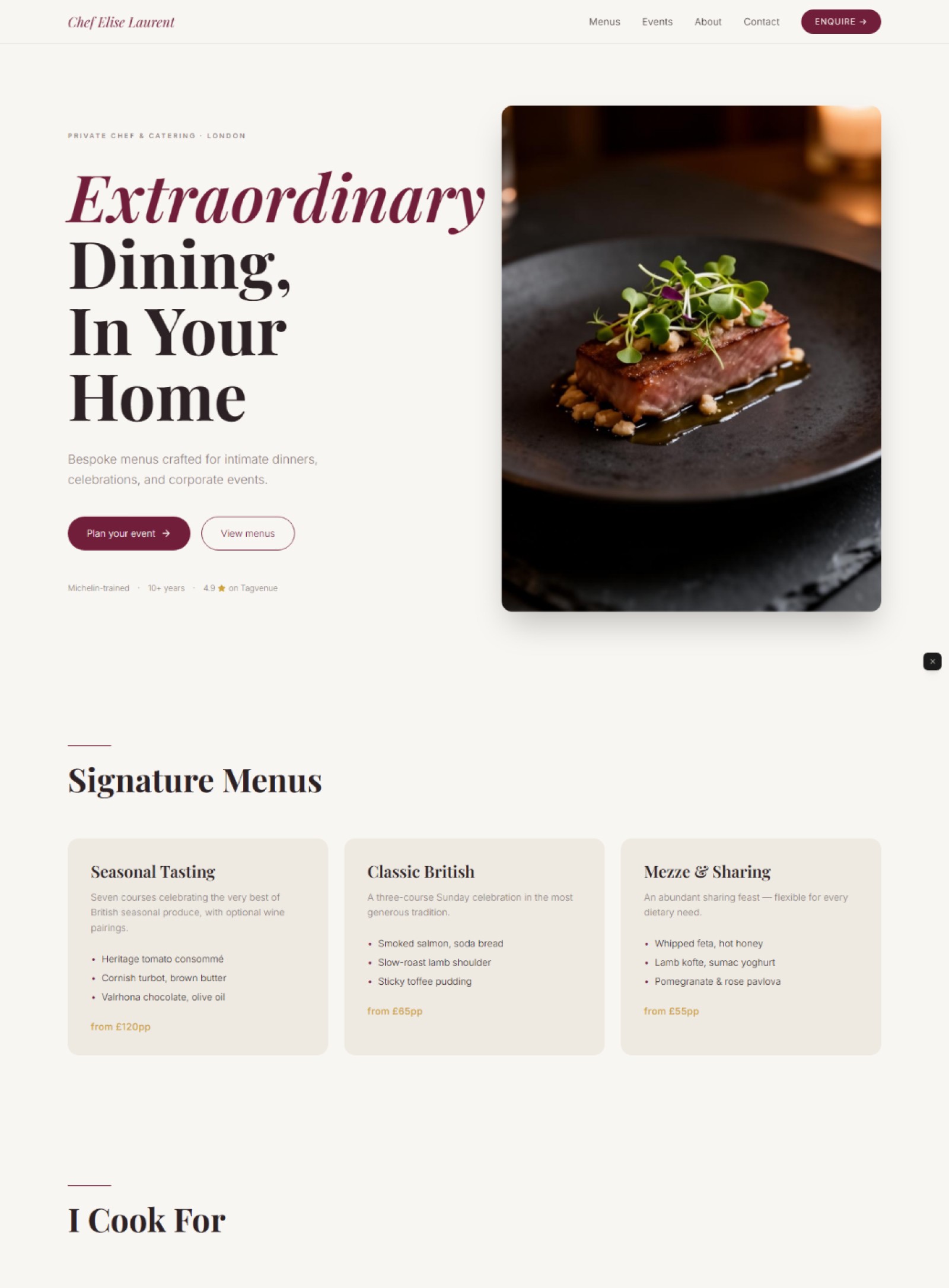 Personal chef website prompt — warm ivory and burgundy private chef catering website design preview