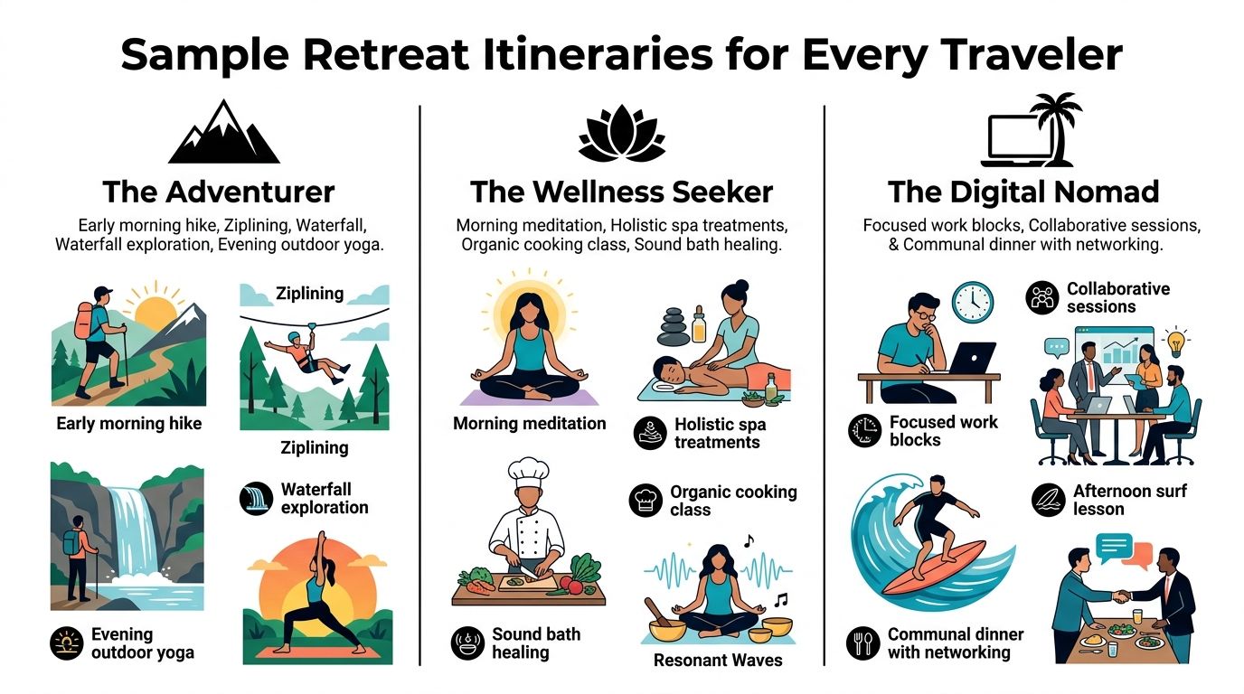 An infographic displaying diverse retreat itinerary options tailored for adventurers, wellness seekers, and digital nomad travelers.