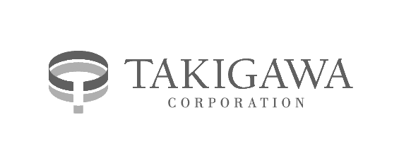 Takigawa Corporation Logo, graue Schrift auf schwarzem Hintergrund, modernes Design.