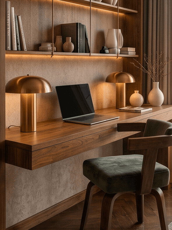 Bureau intégré avec bibliothèque bois et lampes en laiton brossé, aménagement chambre d'hôtel par Studio COQUIE
