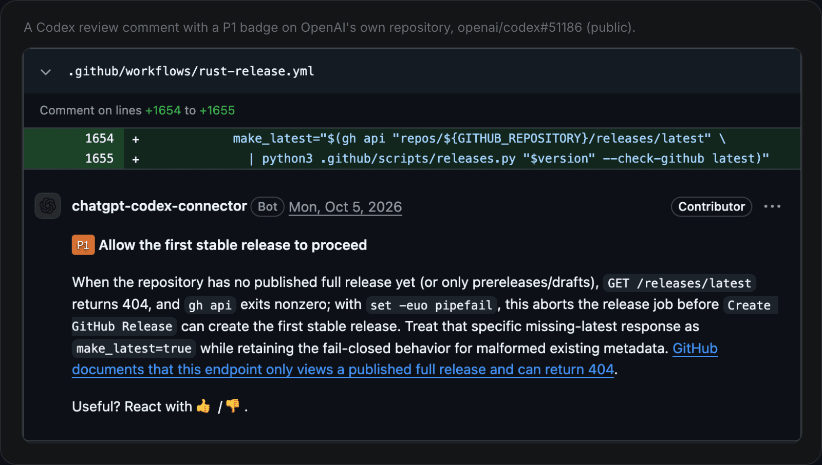 Codex review comment from the chatgpt-codex-connector bot on openai/codex pull request 51186, with a P1 badge, the title "Allow the first stable release to proceed", an explanation and a thumbs-up or thumbs-down prompt
