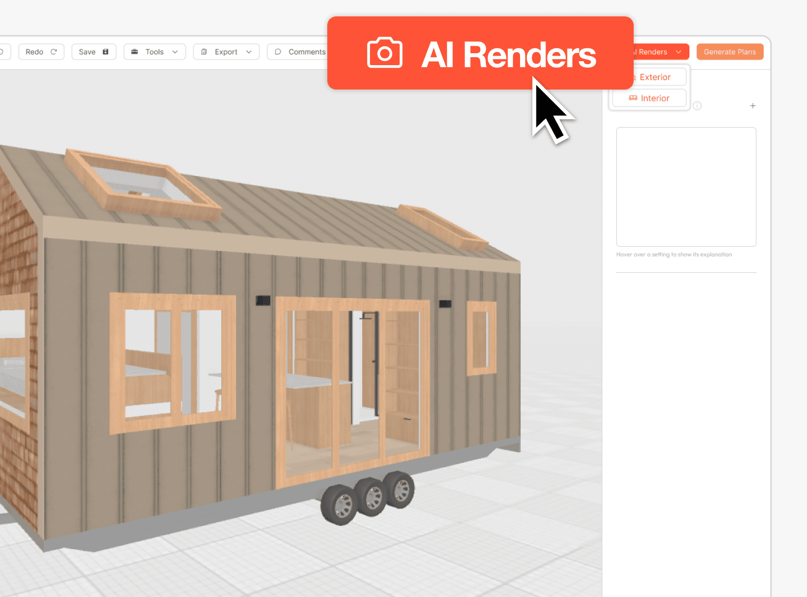 Preview of 3D Tiny House Design Software highlighting where to access the AI Render Tool