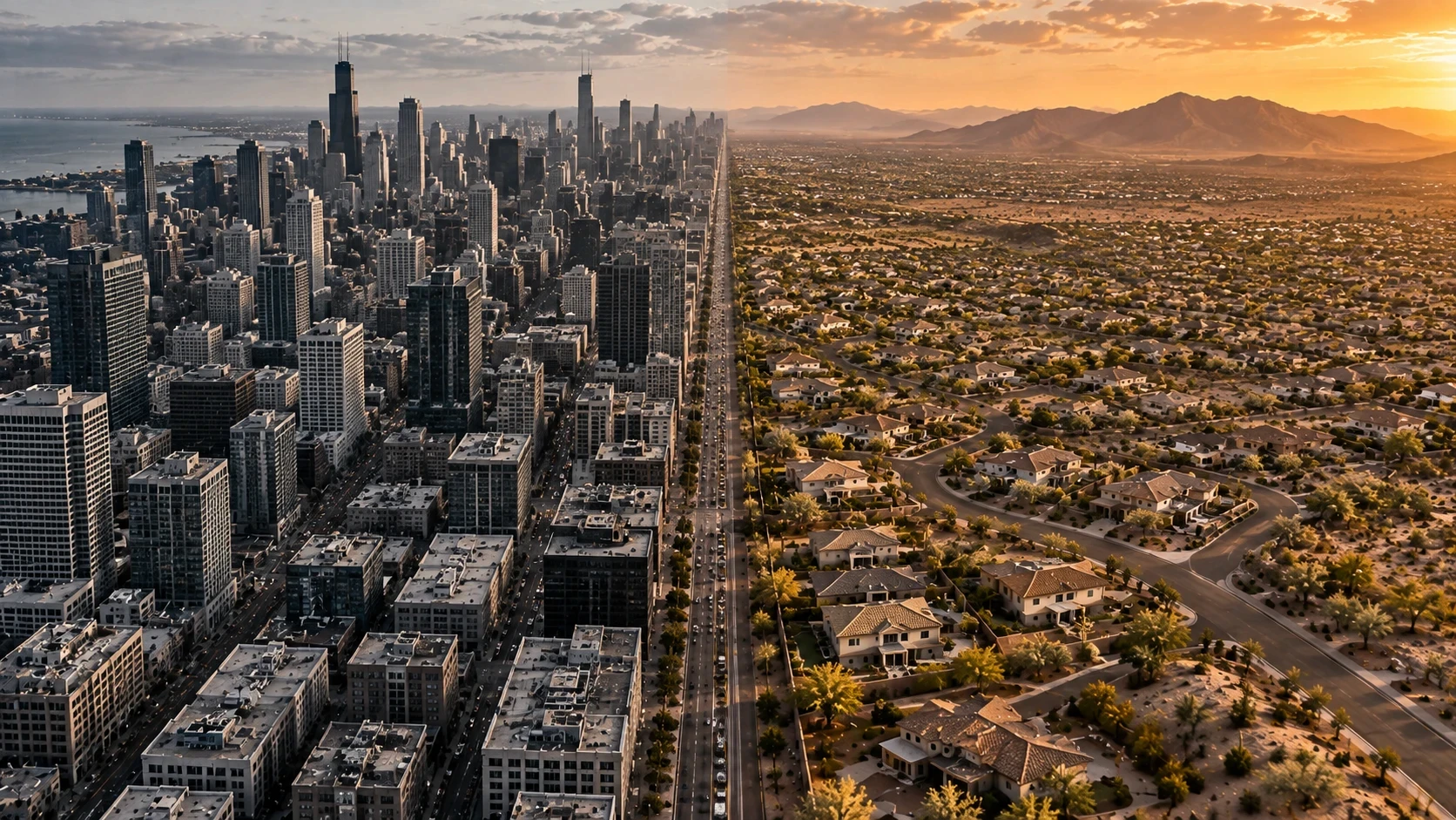 Aerial comparison of urban density versus suburban Southwest growth representing the suburbanisation thesis