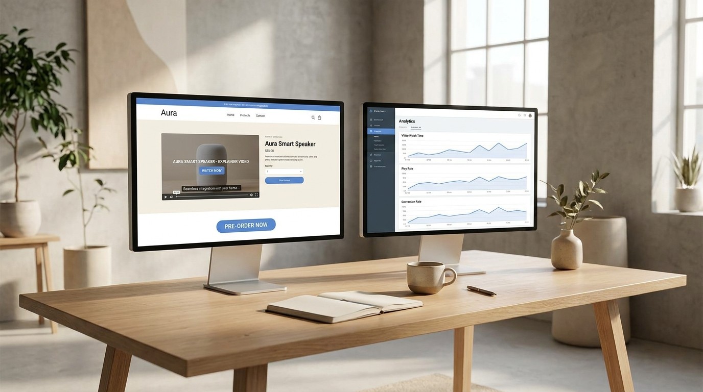 Website mit eingebundenem Erklärvideo und danebenliegendes Analytics Dashboard mit Kennzahlen zu Abspielrate und Conversion