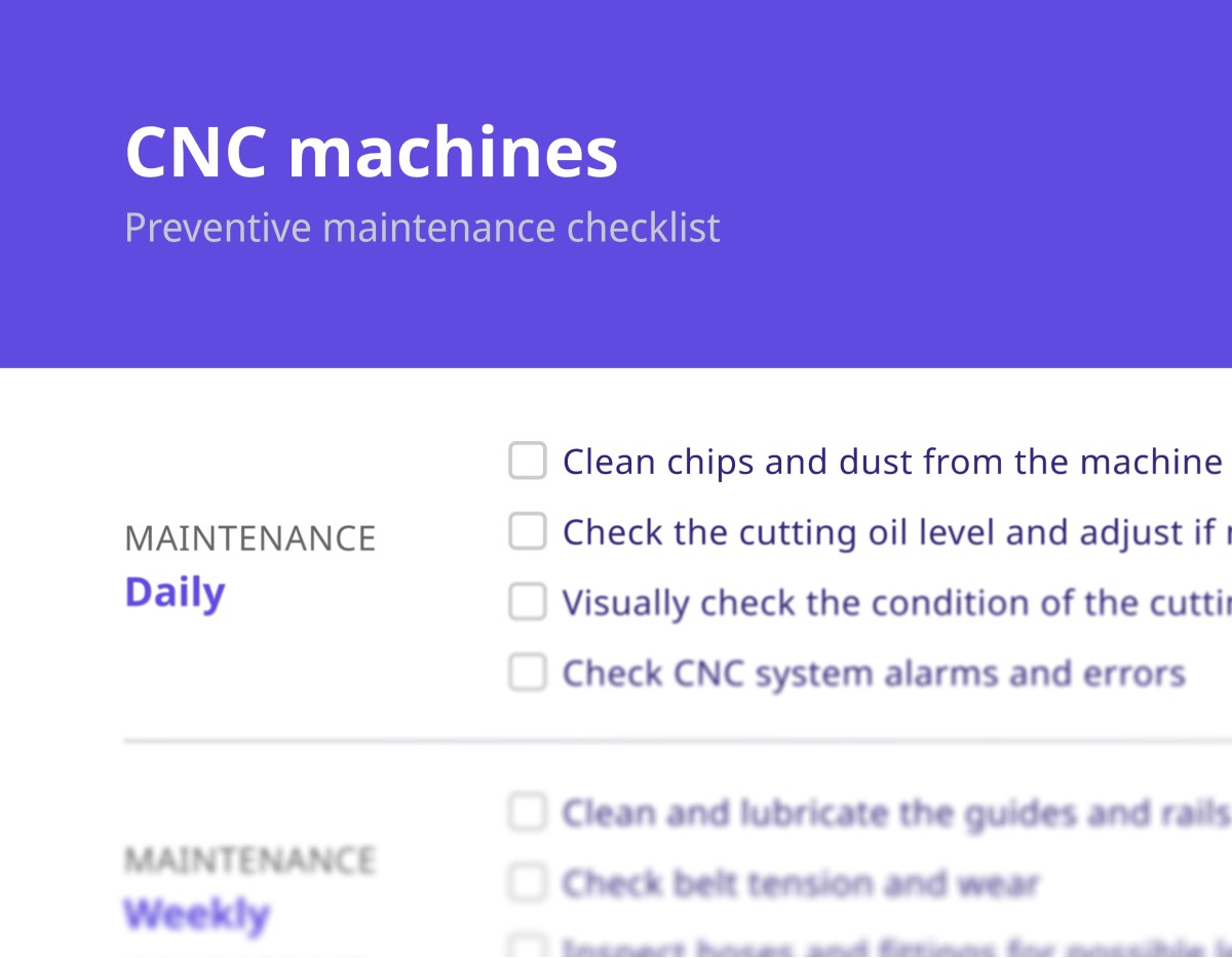 Binder CNC Machine checklist