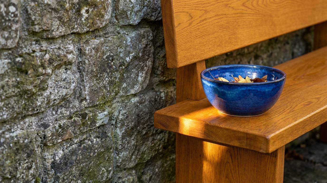 A close-up architectural detail showing a rough historic stone wall meeting a smooth oak wood bench, which holds a vibrant cobalt blue ceramic bowl.