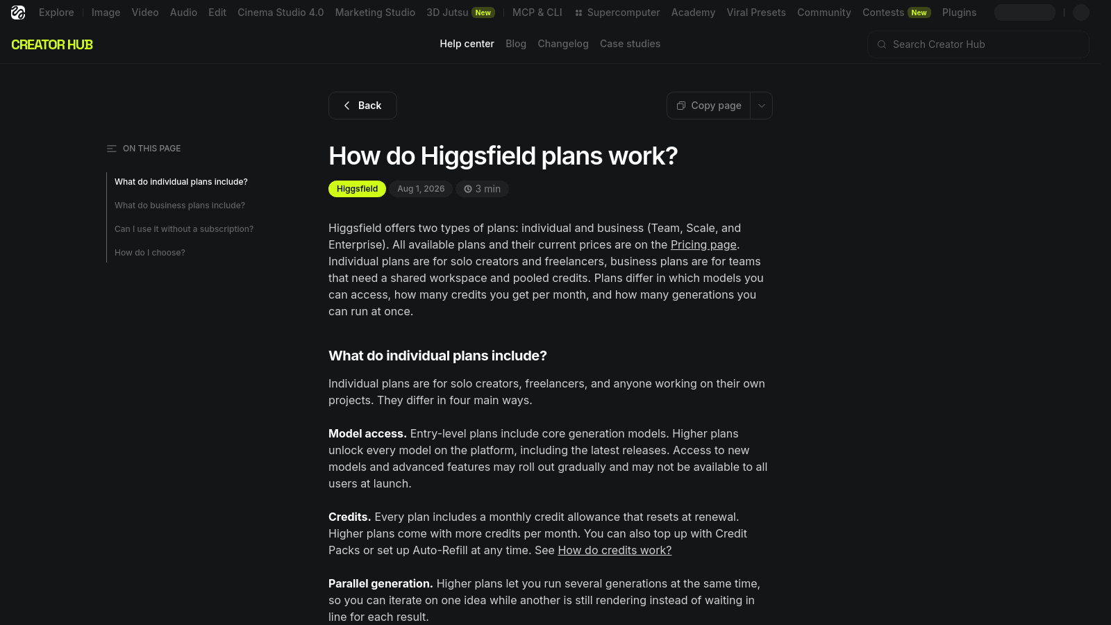 Higgsfield Creator Hub help center article explaining individual and business plans and their features.