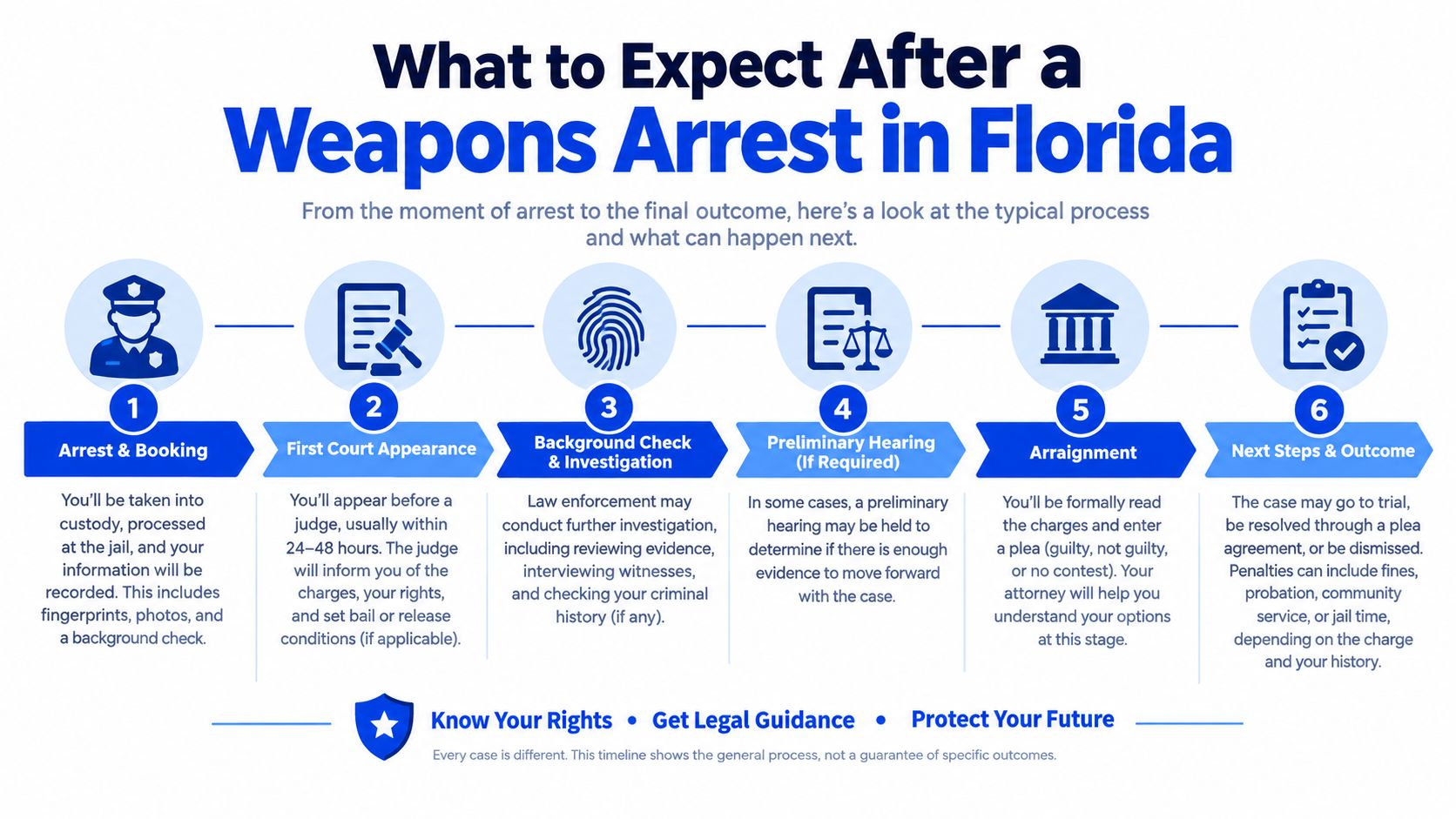 An infographic detailing the six-step legal process following a weapons-related arrest in Florida.