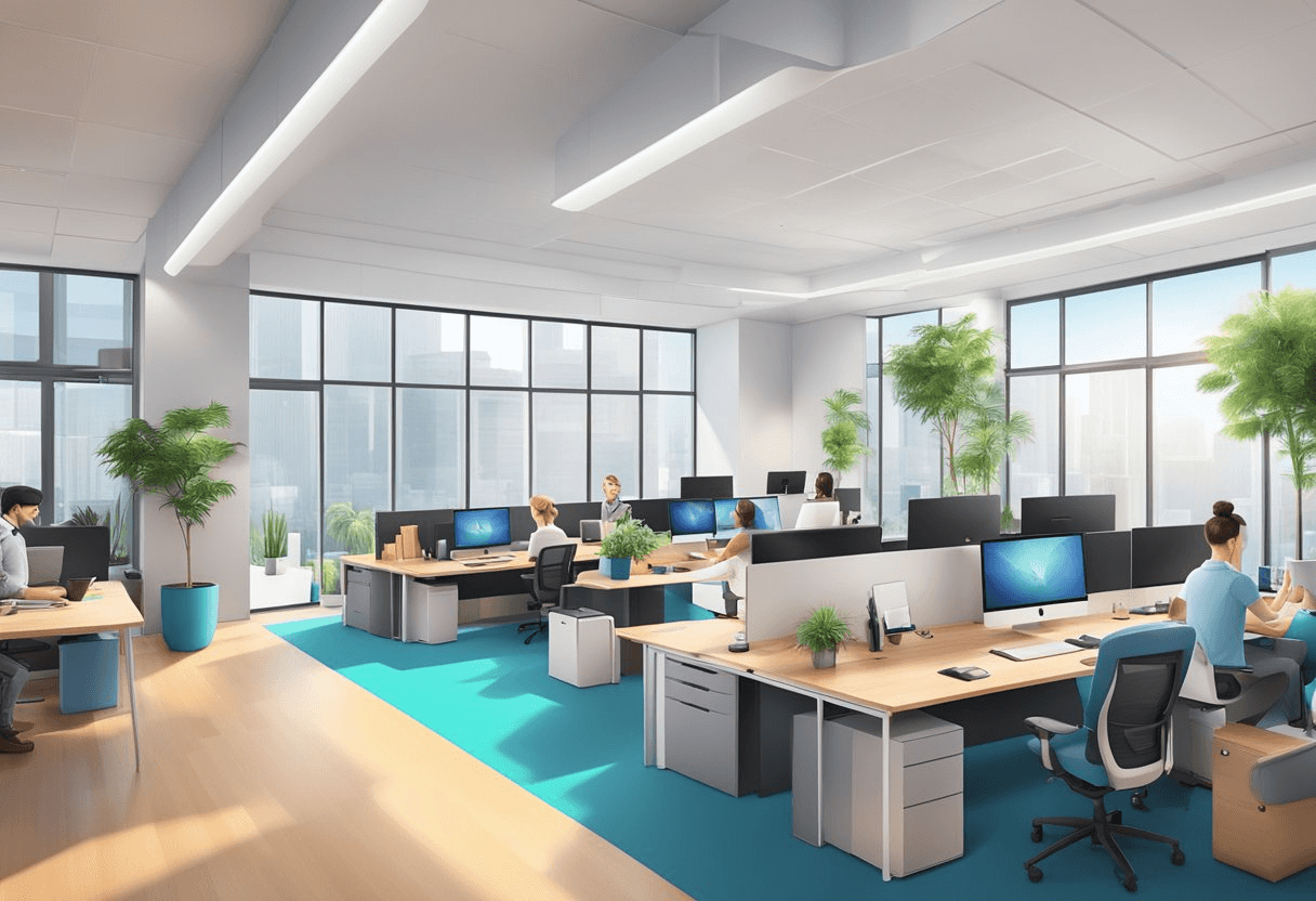 A vibrant and dynamic workplace environment with a strong employer brand displayed through modern and inviting office spaces, innovative technology, and a diverse and inclusive team culture