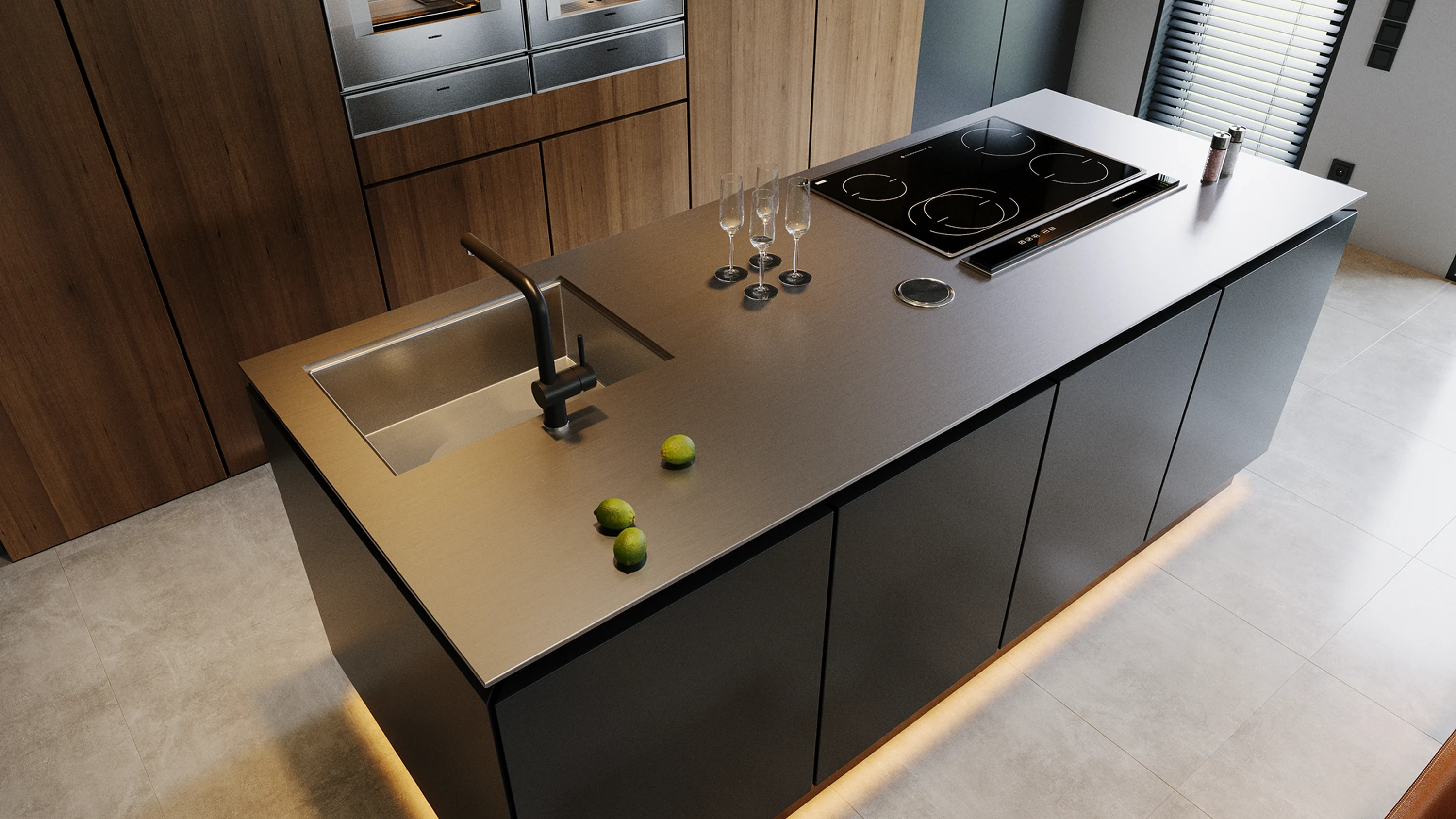 Cuisine — étagères ouvertes avec vaisselle du quotidien.