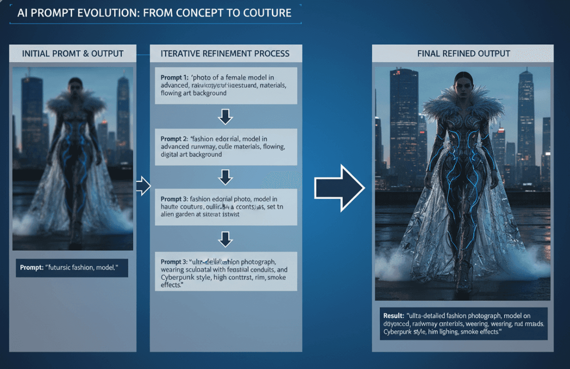 AI image generation process showing prompt refinement and output quality improvement