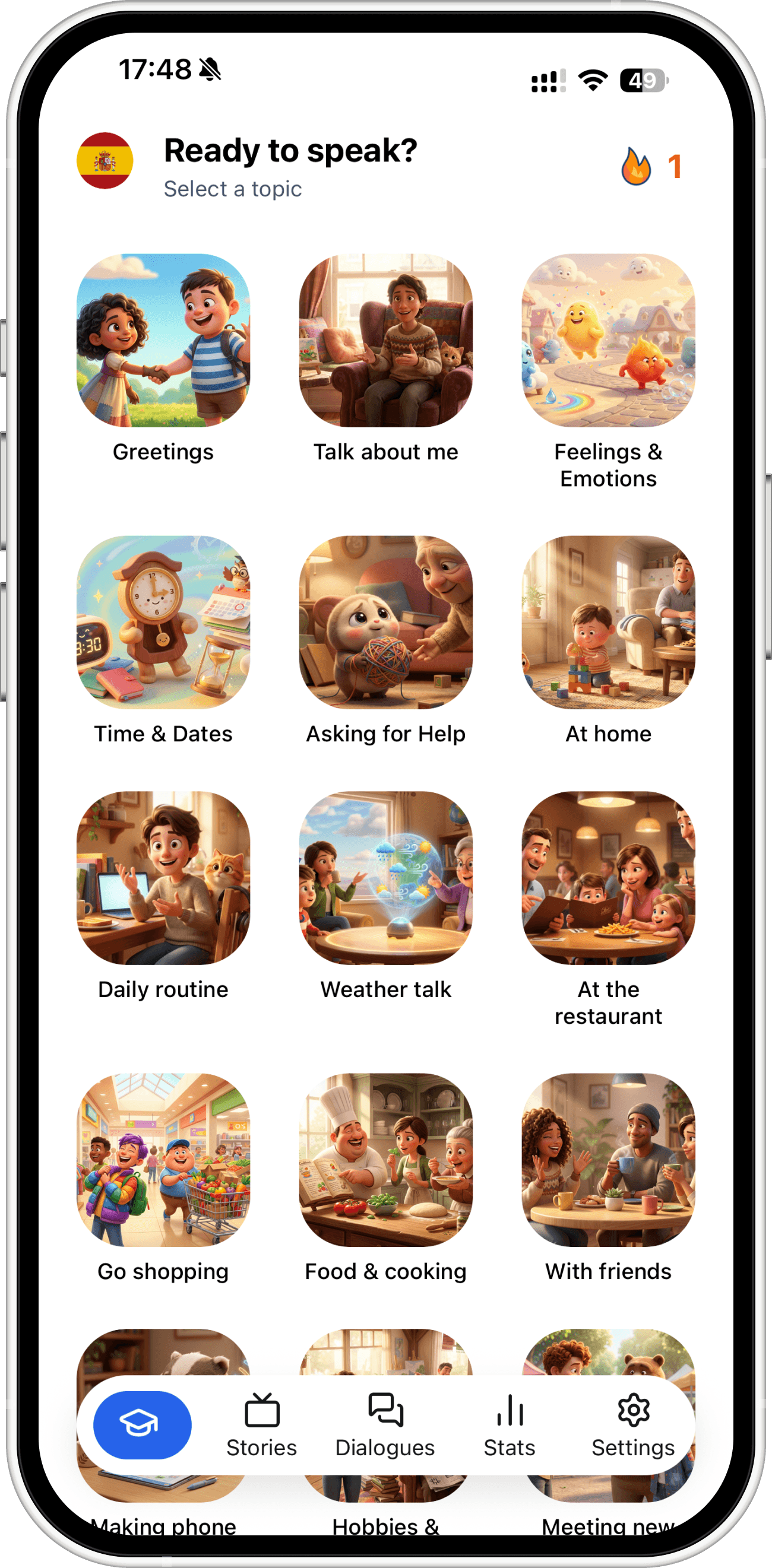 Gold iPhone displaying a habit tracker app interface with cards for journaling, exercise, hydration, and meditation, set against a light grey background.