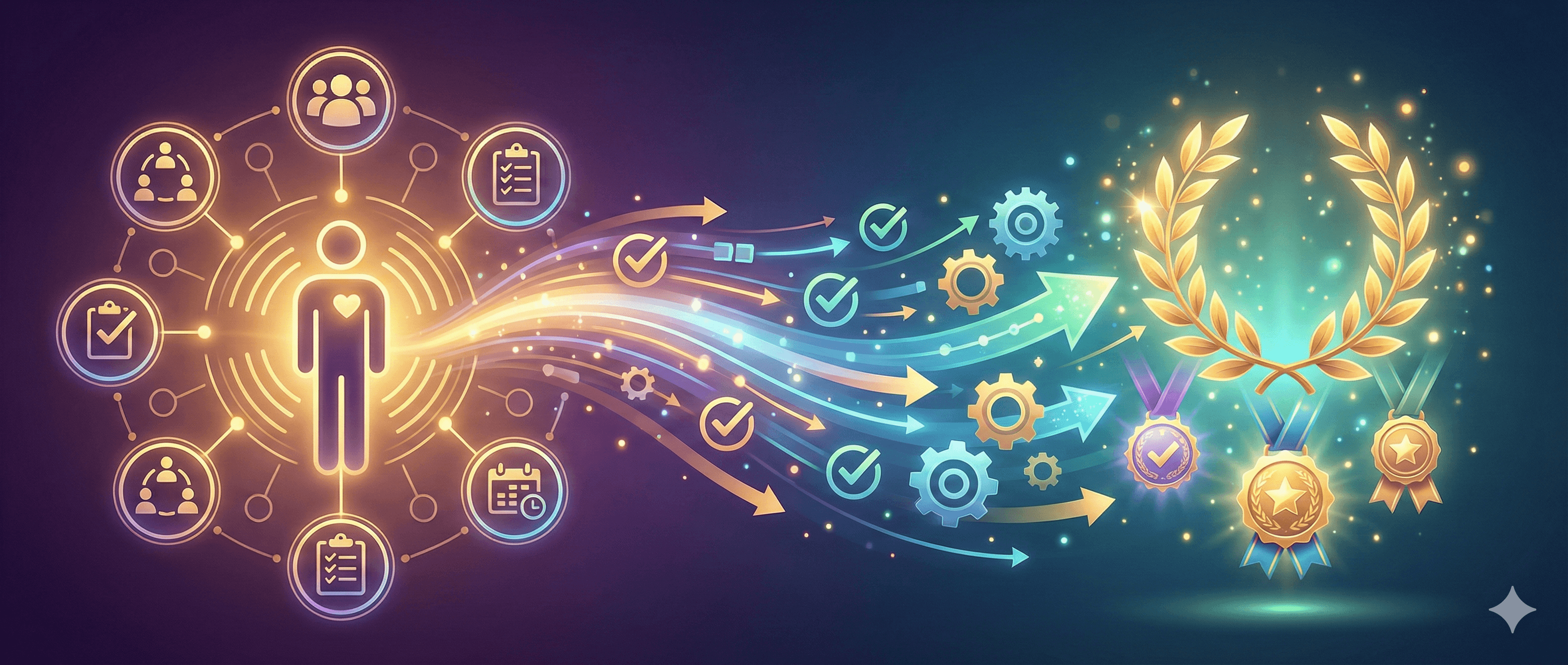 This image illustrates Asana's customer focus driving industry awards success, featuring symbolic gears, arrows, and a laurel wreath signifying achievement and collaboration.