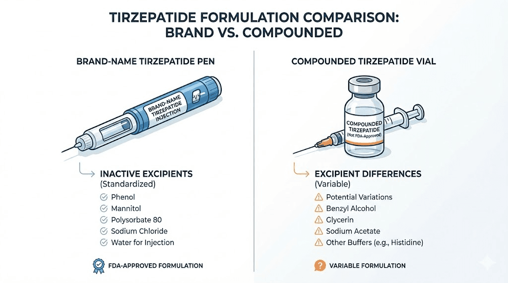 Compounded versus brand-name tirzepatide formulation differences affecting injection site reactions