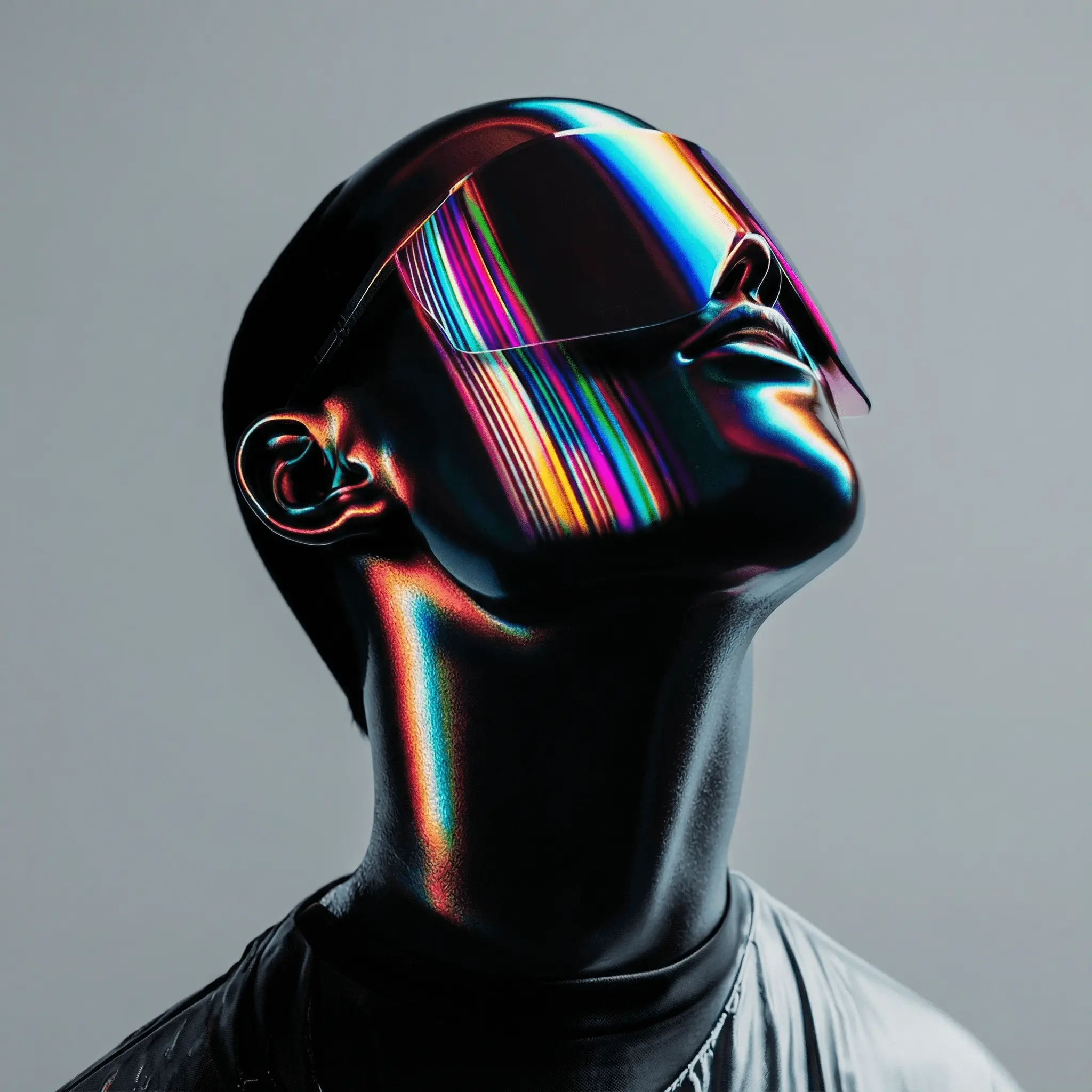 Futuristic human portrait with reflective visor and colorful light refractions.