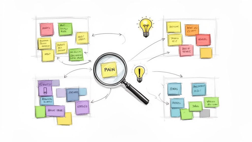 A brainstorming diagram showing problem identification ("PAIN") with sticky notes, magnifying glass, and lightbulbs for ideas.