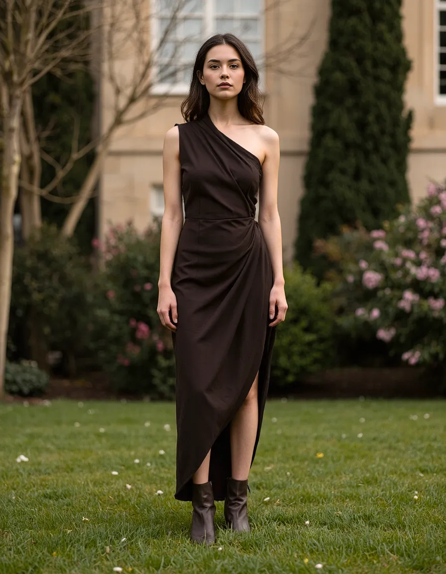 Elegant one-shoulder brown dress photographed in garden setting with cypress trees and blooming flowers, showcasing editorial fashion style