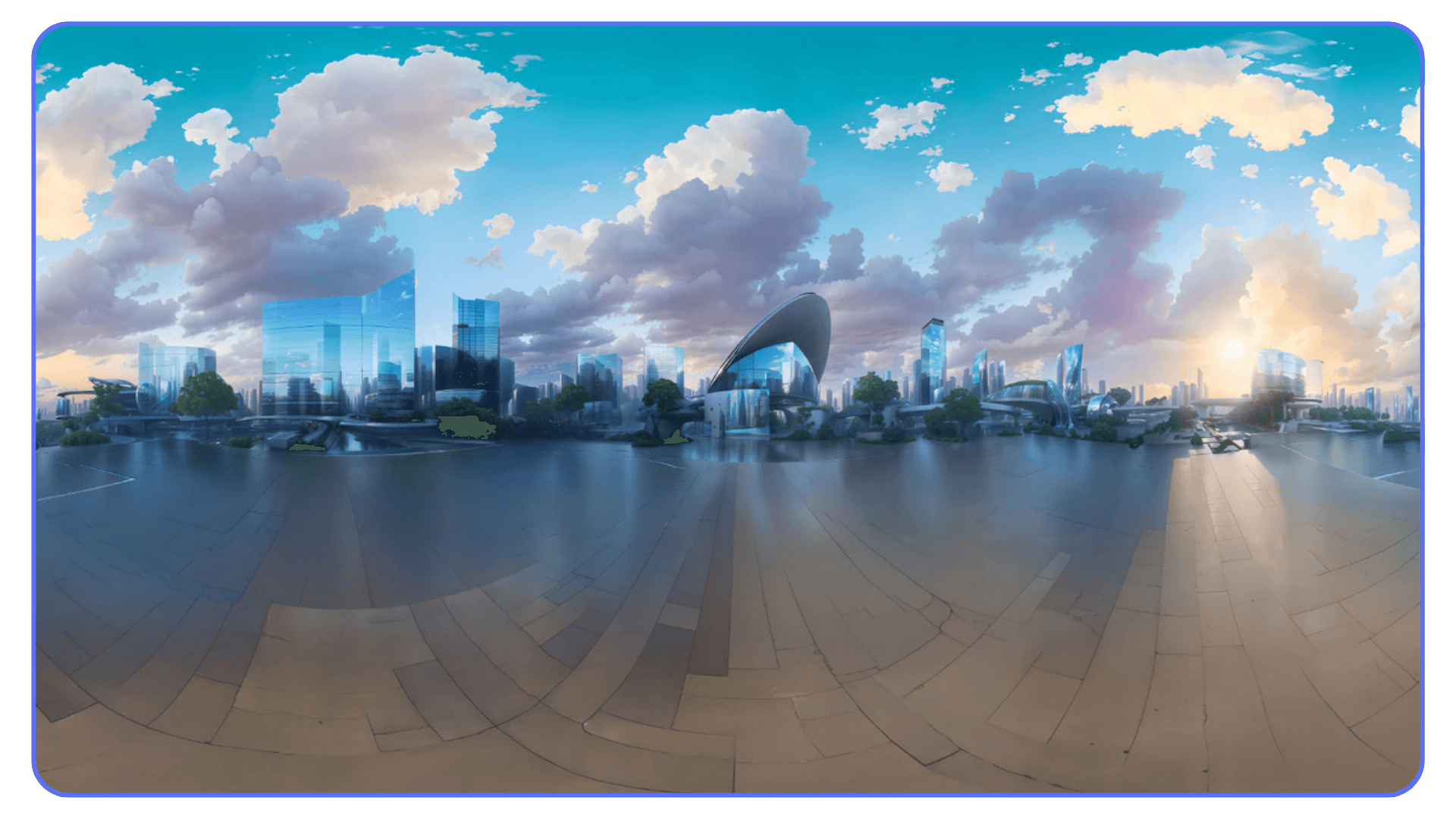 A panoramic HDRI sky image showing a futuristic cityscape, soft clouds, and warm lighting suitable for environment lighting in Twinmotion.