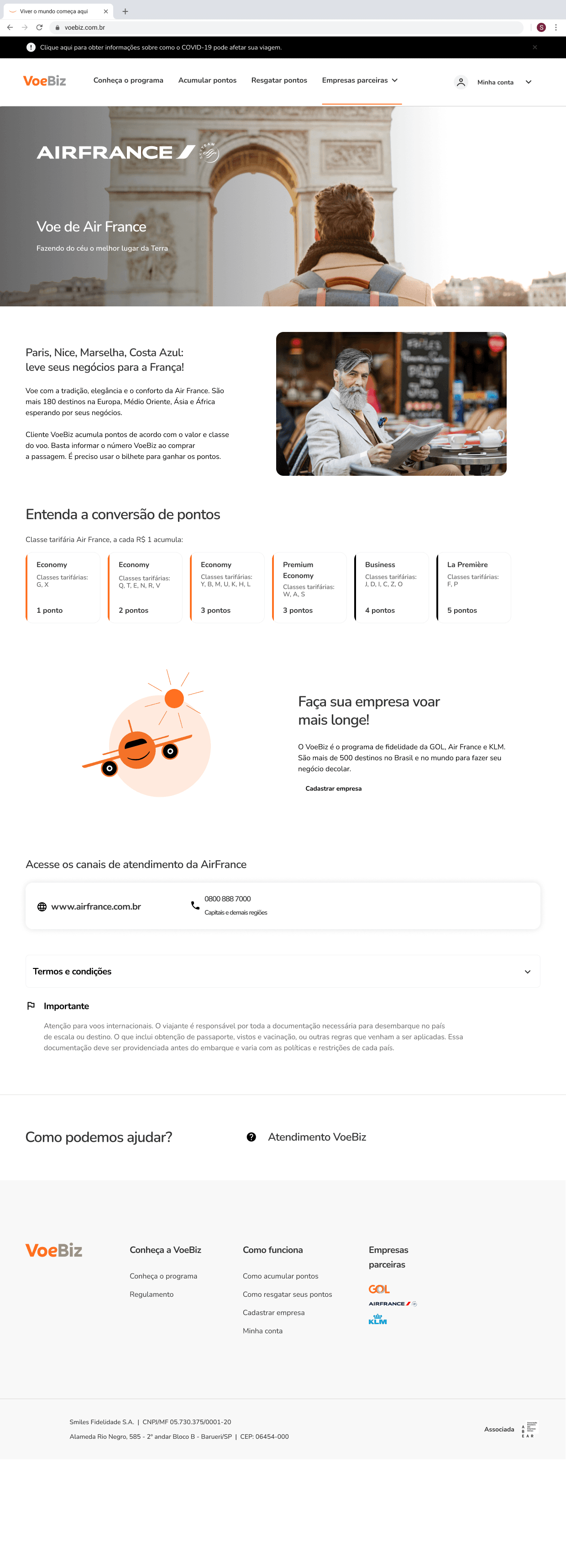 Página da Air France como empresa participante
