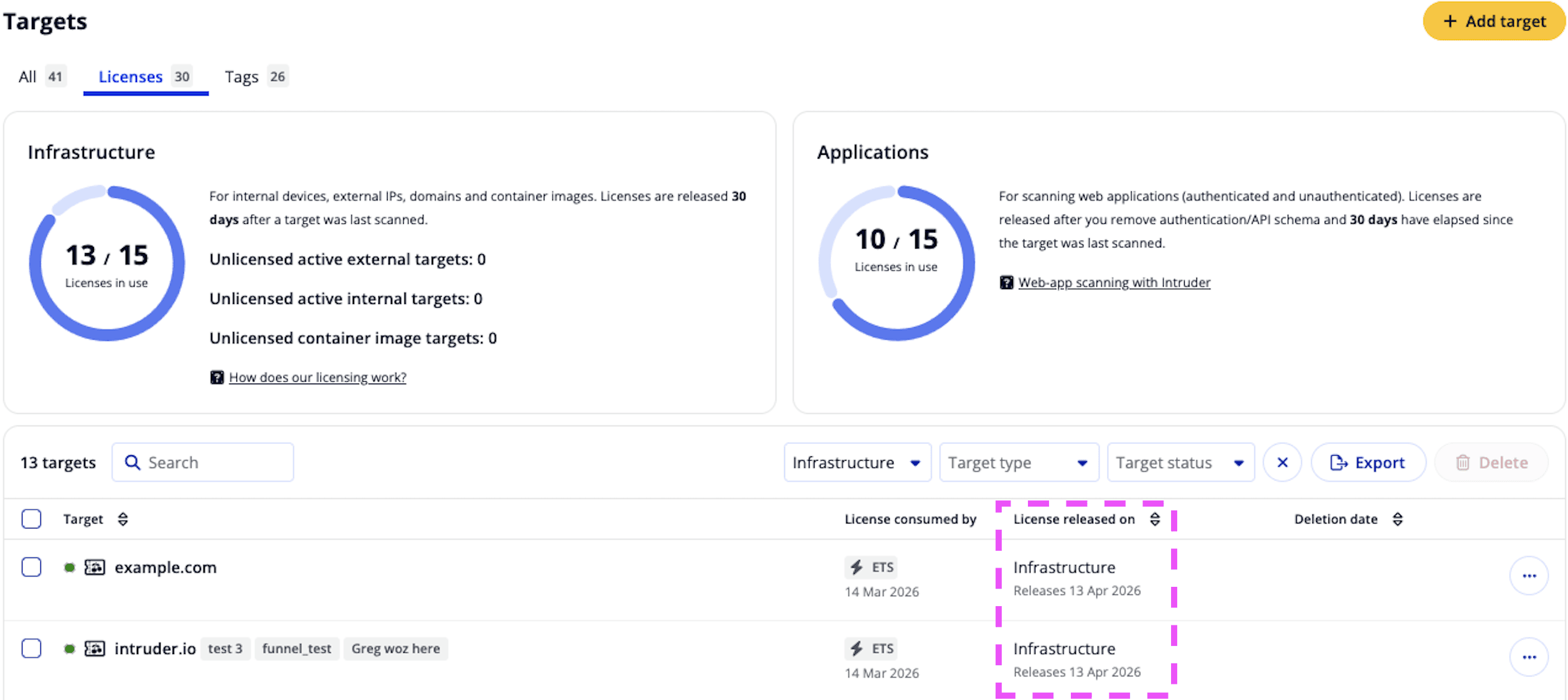 Intruder Targets Licenses view showing infrastructure and application license usage and release timing